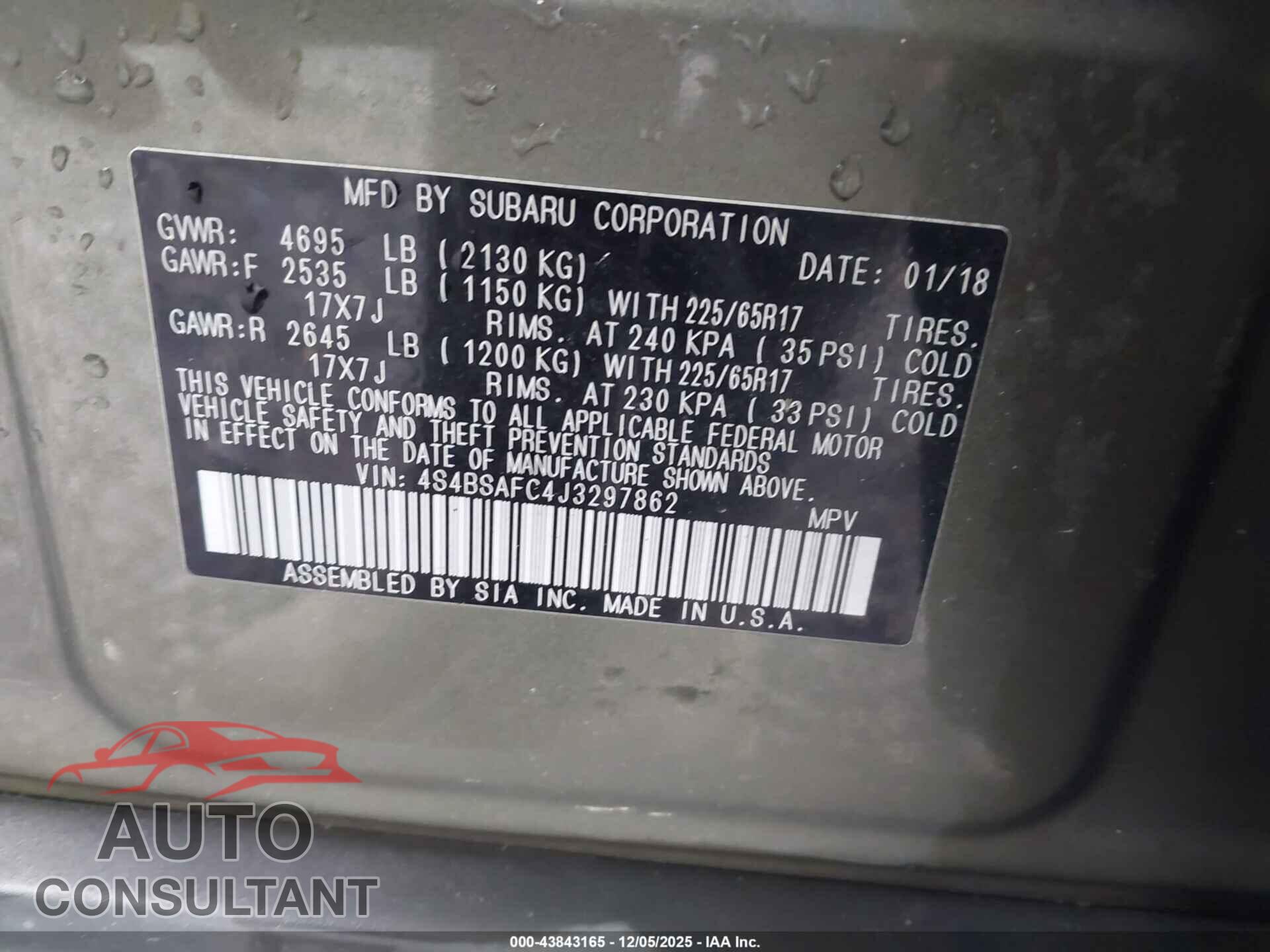 SUBARU OUTBACK 2018 - 4S4BSAFC4J3297862
