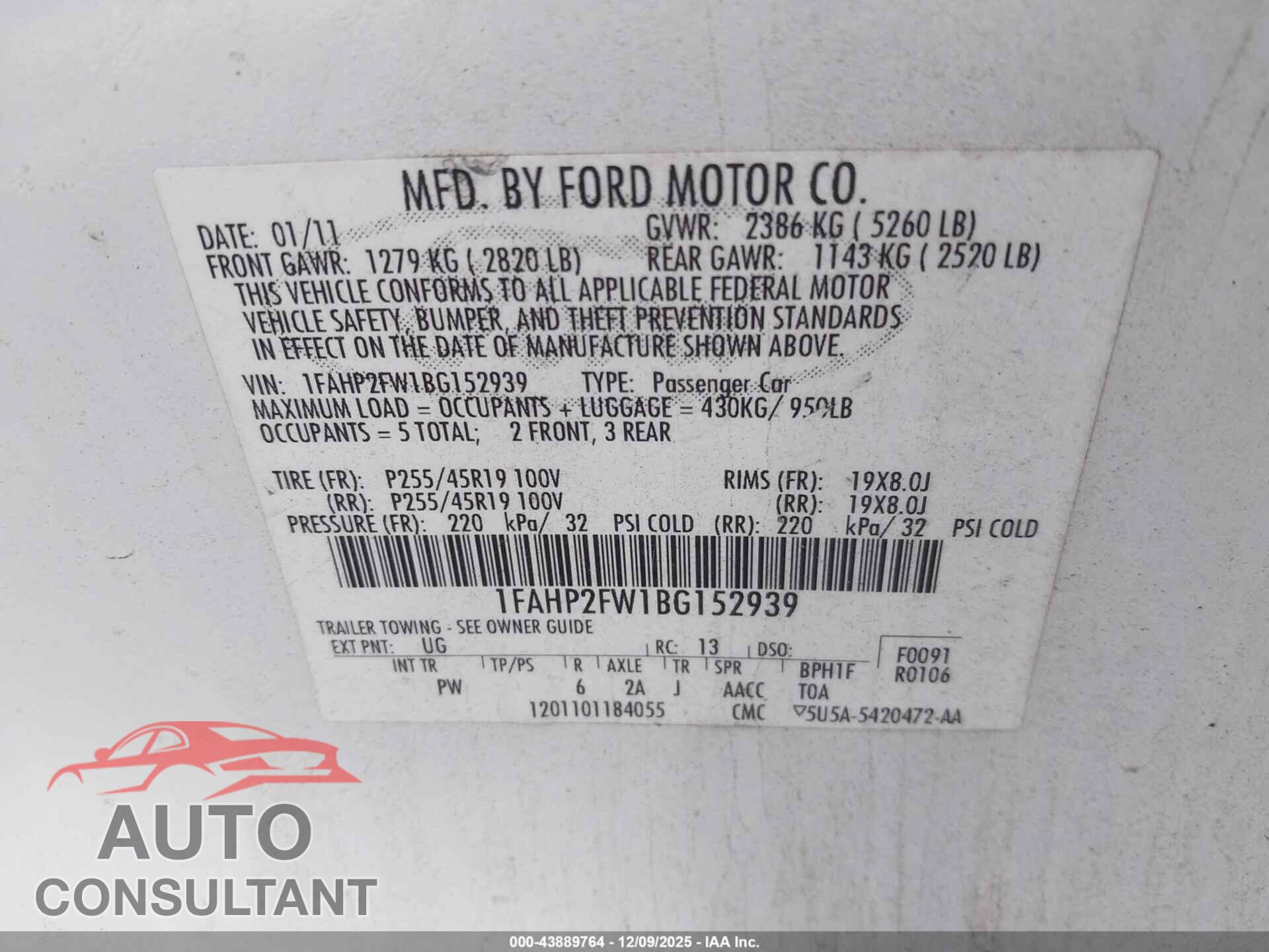 FORD TAURUS 2011 - 1FAHP2FW1BG152939