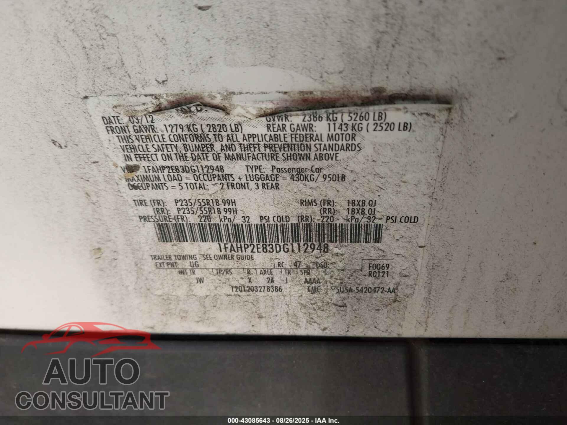 FORD TAURUS 2013 - 1FAHP2E83DG112948