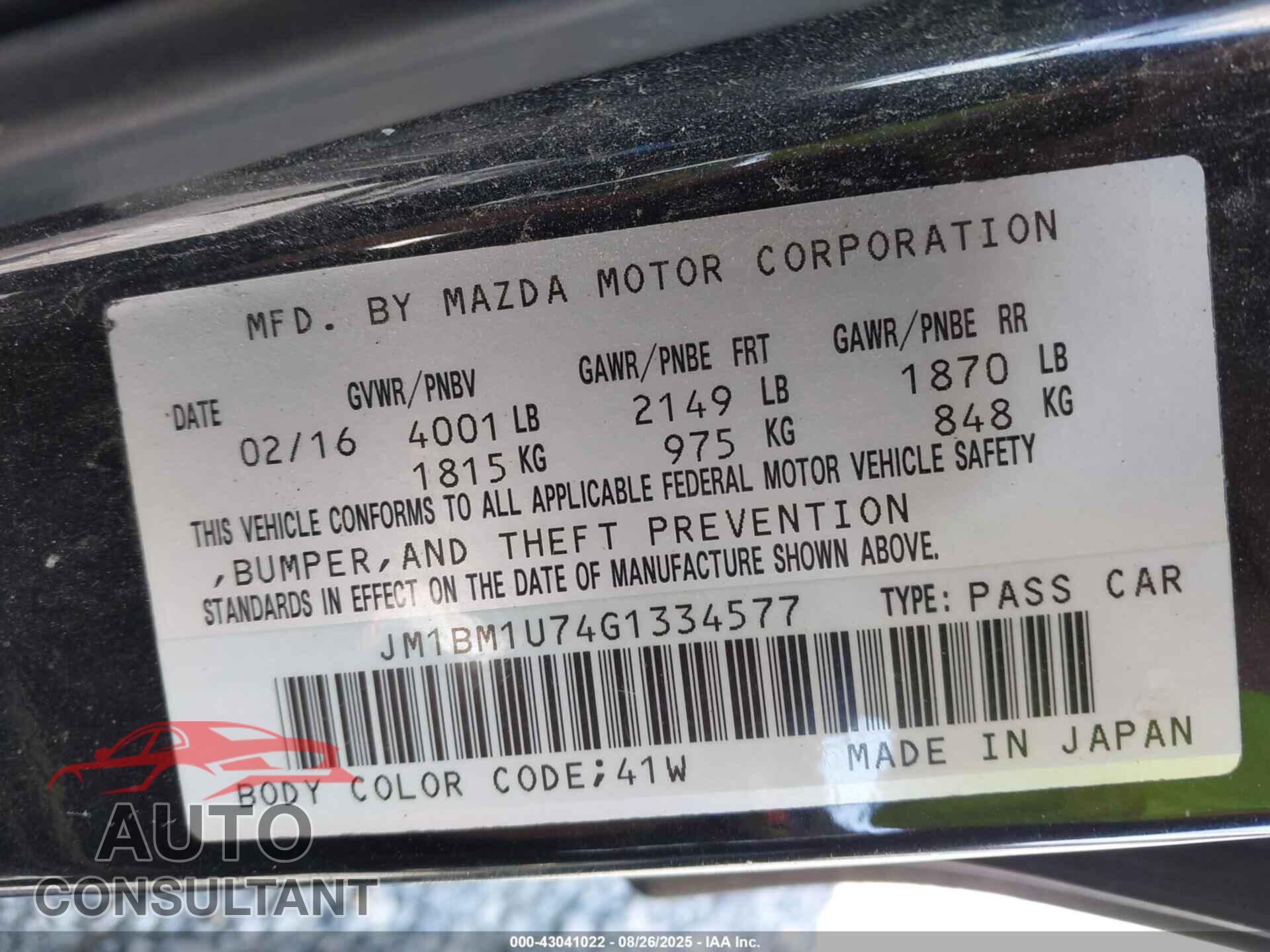 MAZDA MAZDA3 2016 - JM1BM1U74G1334577