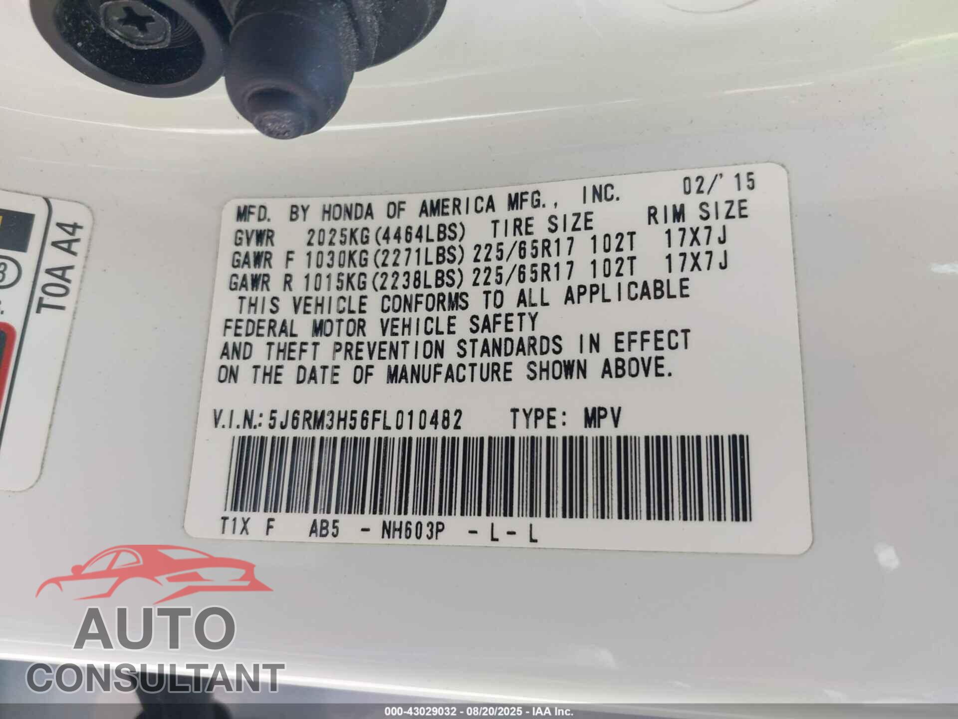 HONDA CR-V 2015 - 5J6RM3H56FL010482