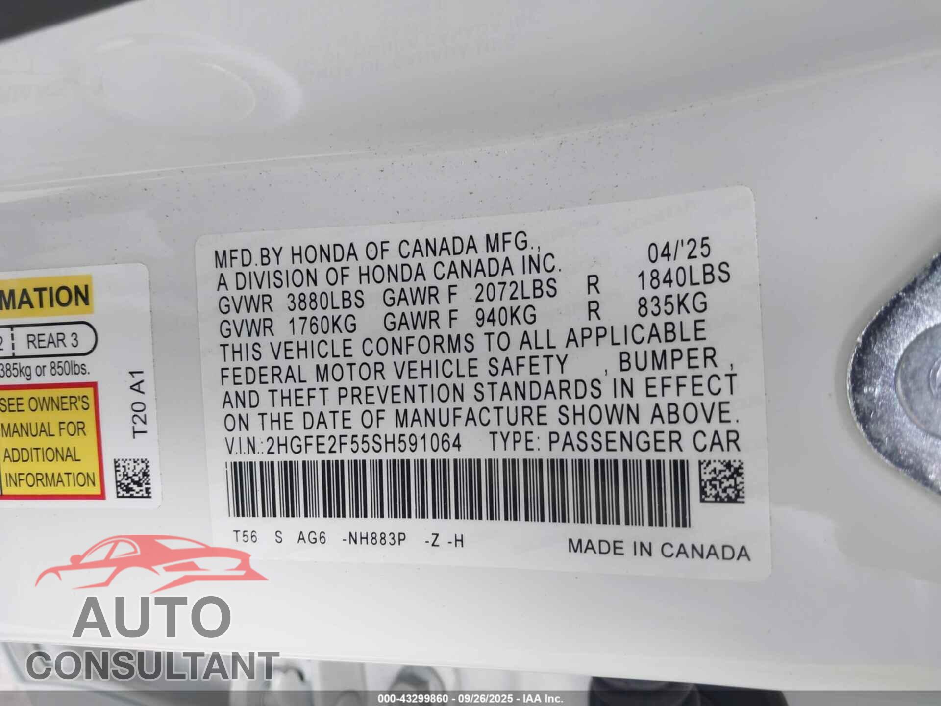 HONDA CIVIC 2025 - 2HGFE2F55SH591064