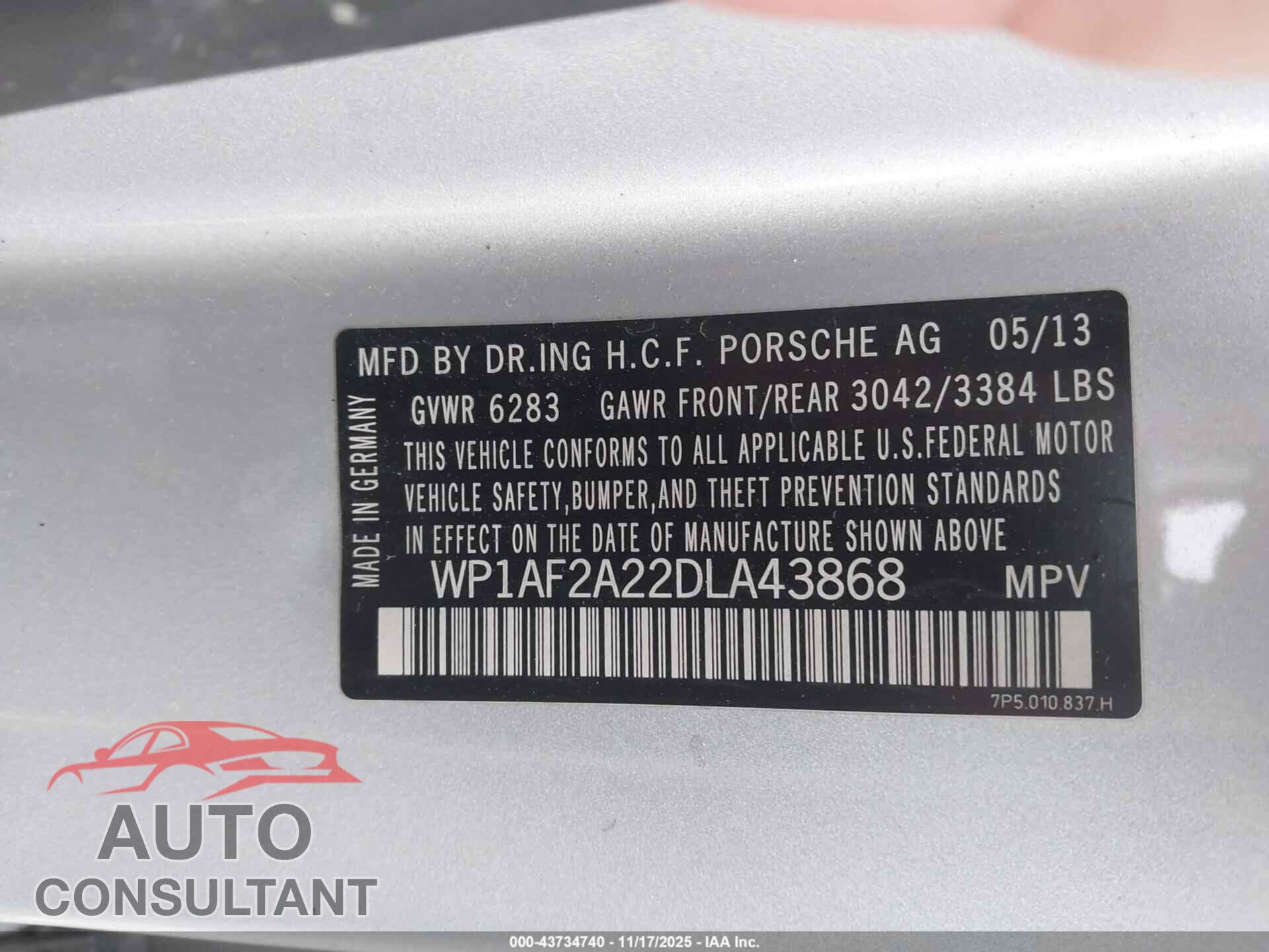 PORSCHE CAYENNE 2013 - WP1AF2A22DLA43868