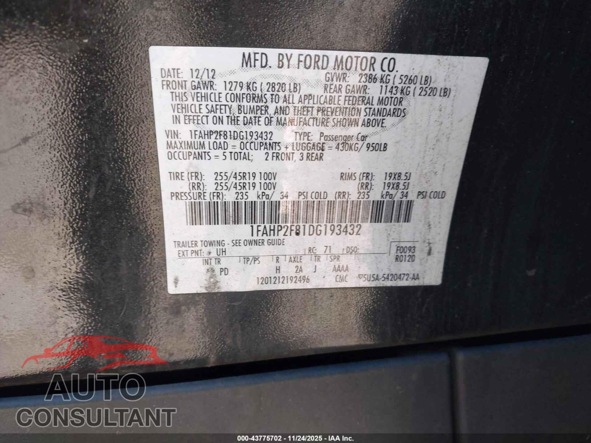 FORD TAURUS 2013 - 1FAHP2F81DG193432