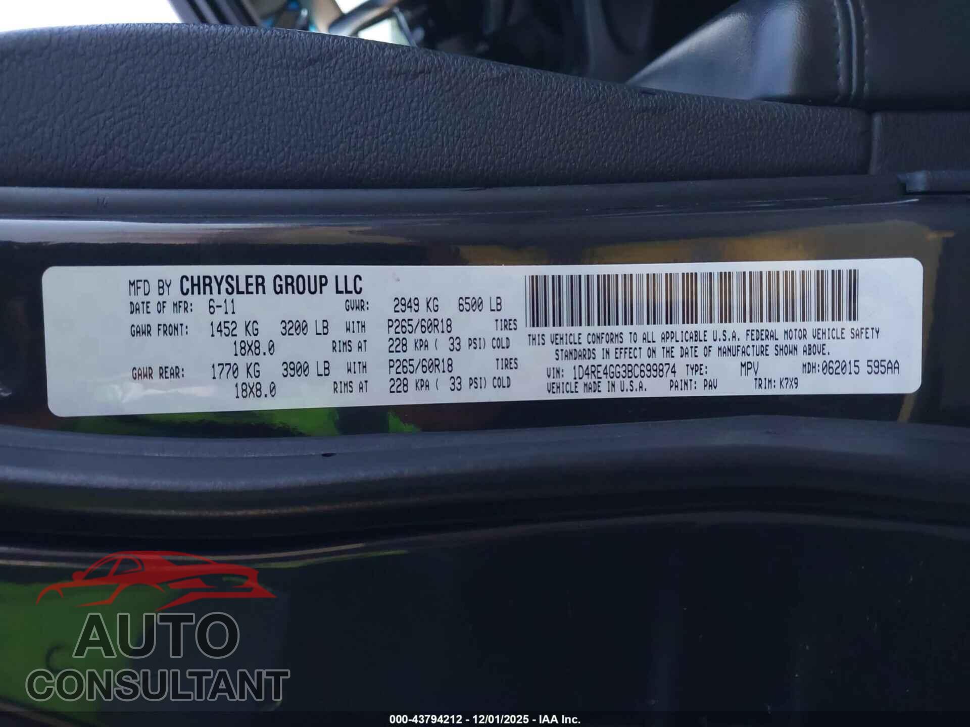 DODGE DURANGO 2011 - 1D4RE4GG3BC699874