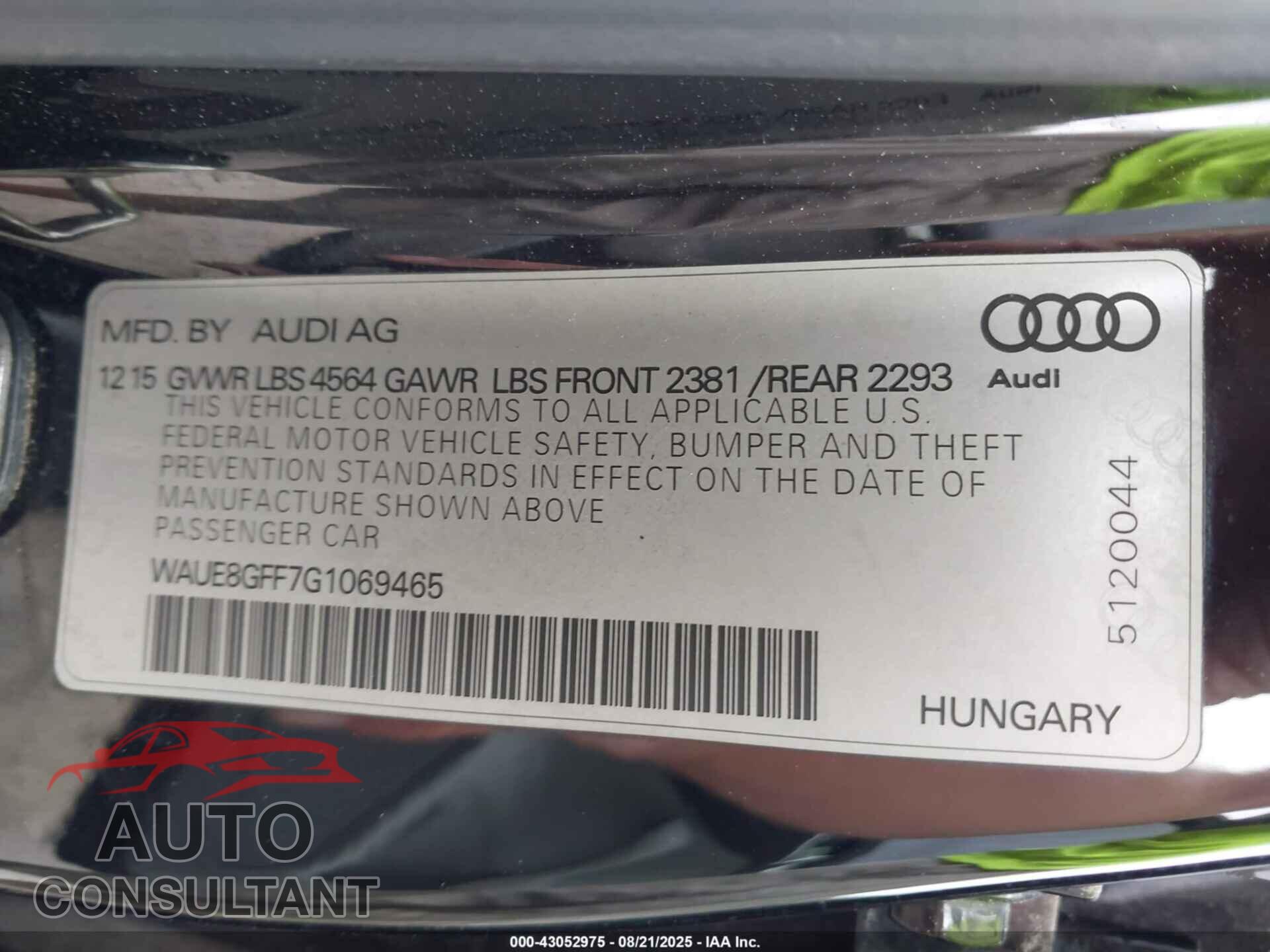 AUDI A3 2016 - WAUE8GFF7G1069465