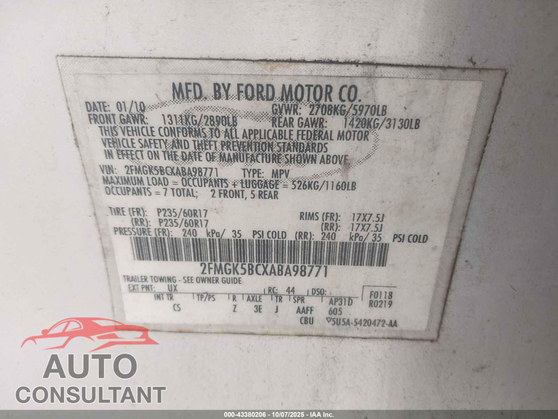 FORD FLEX 2010 - 2FMGK5BCXABA98771
