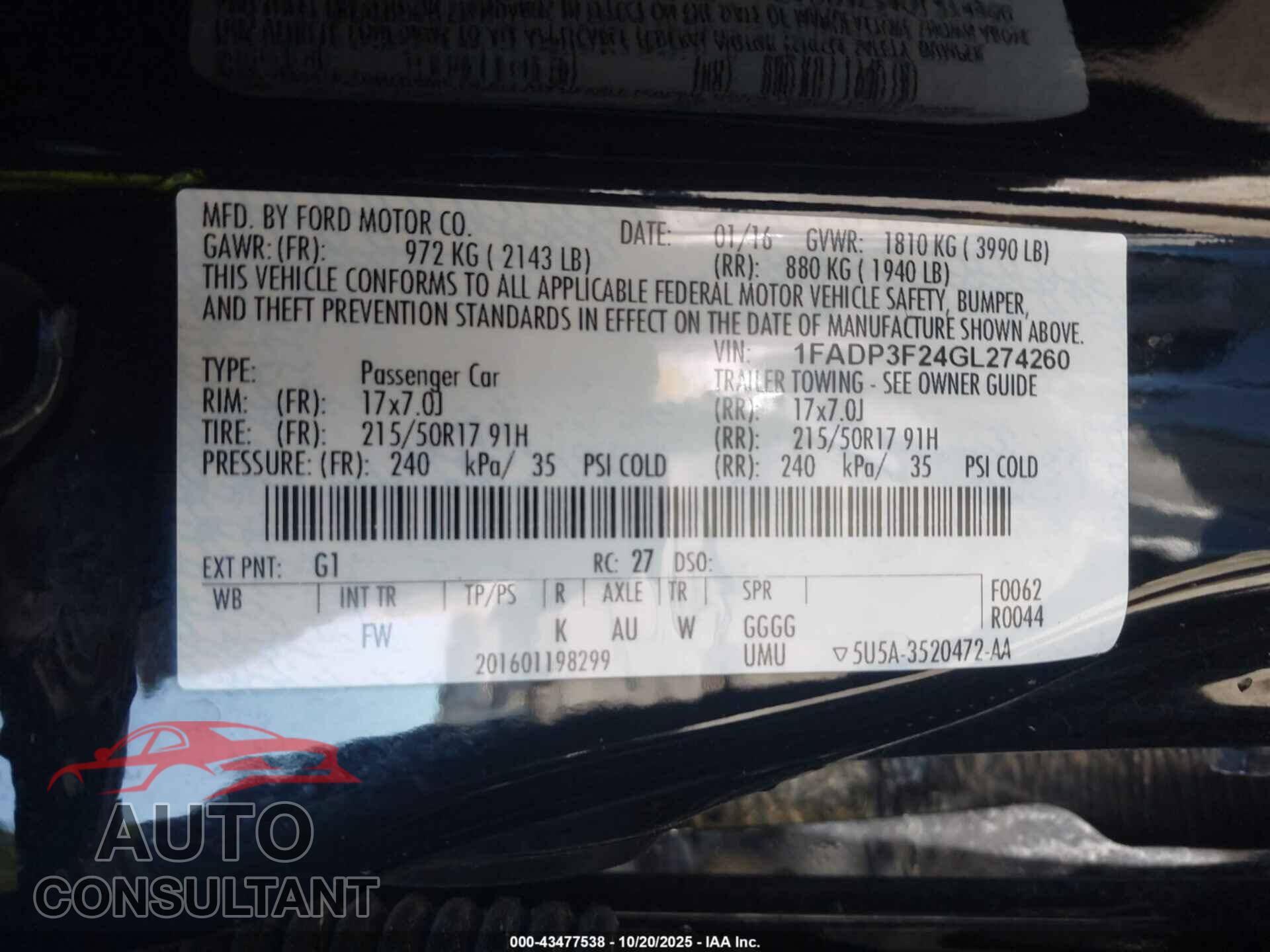 FORD FOCUS 2016 - 1FADP3F24GL274260