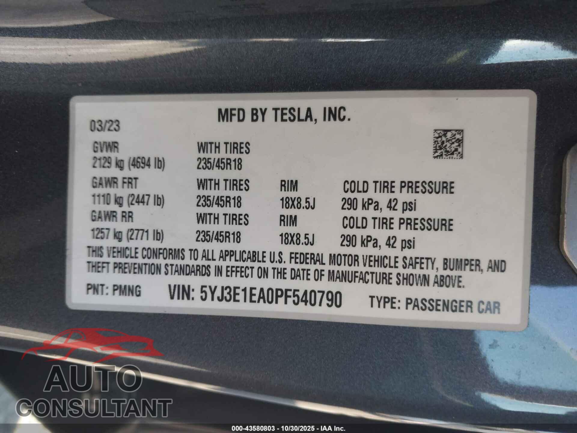 TESLA MODEL 3 2023 - 5YJ3E1EA0PF540790