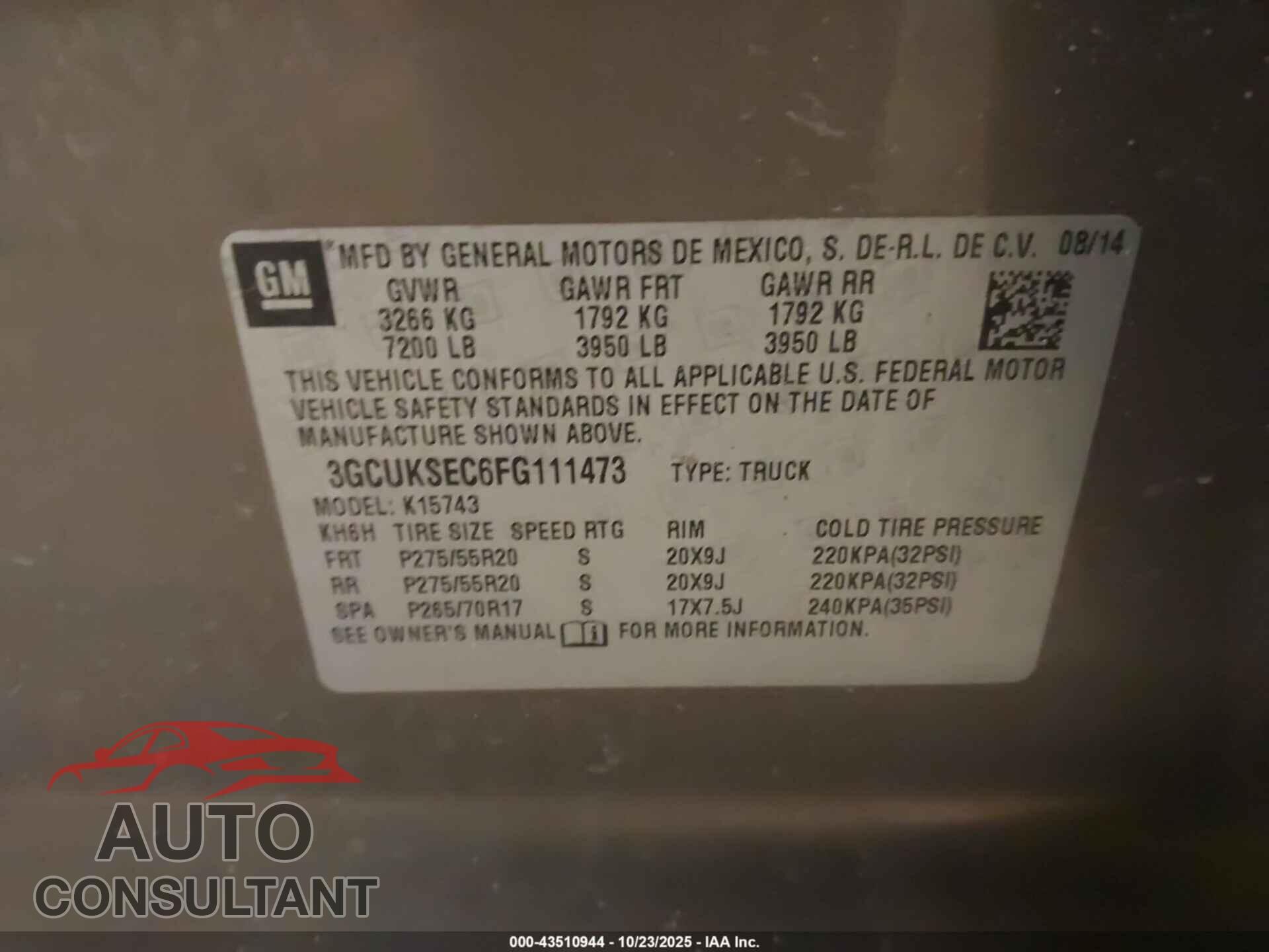 CHEVROLET SILVERADO 1500 2015 - 3GCUKSEC6FG111473