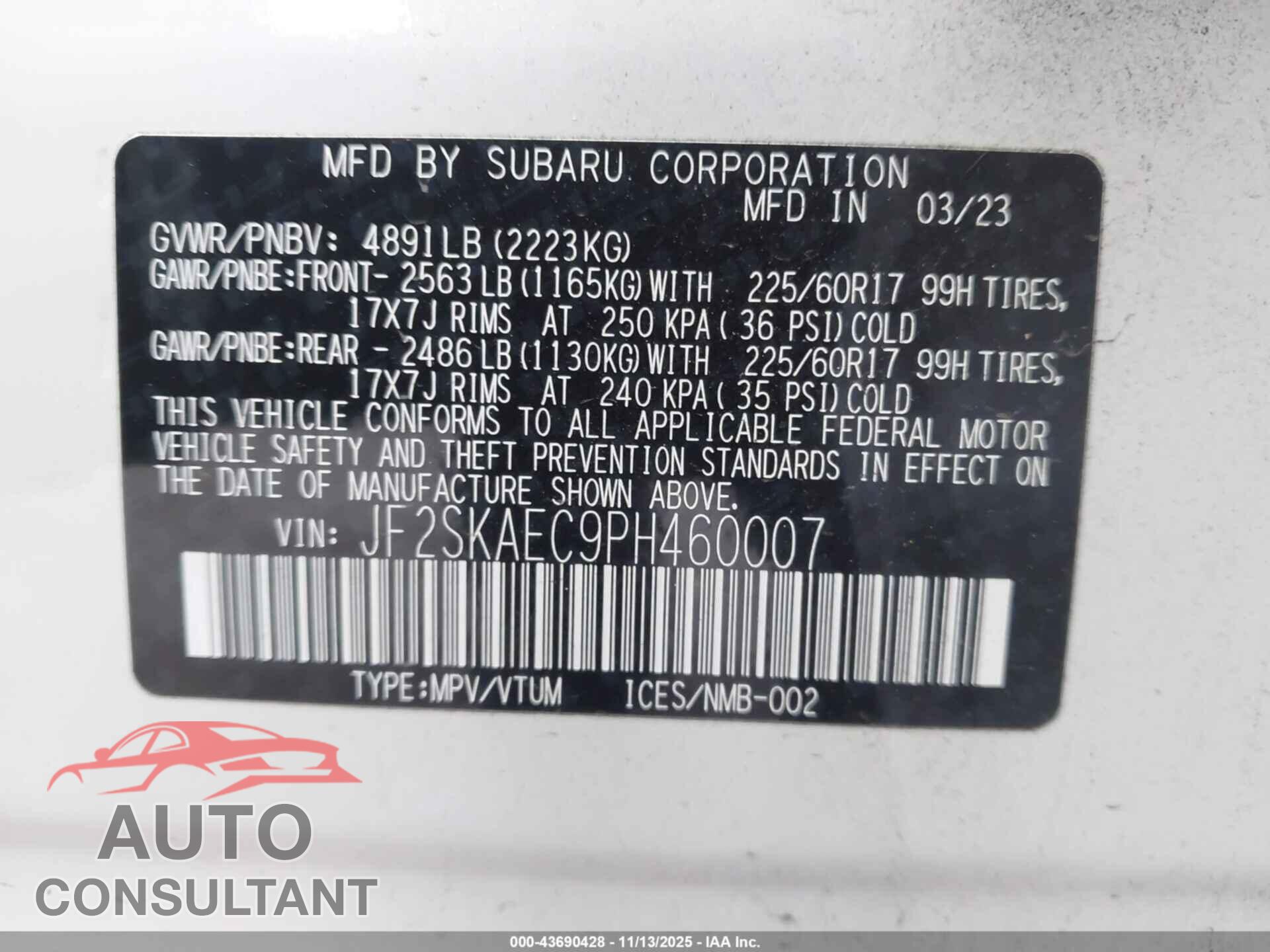 SUBARU FORESTER 2023 - JF2SKAEC9PH460007