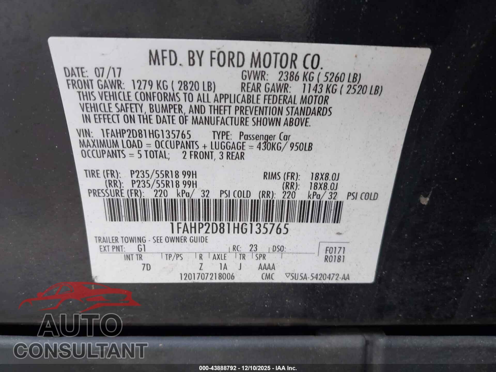 FORD TAURUS 2017 - 1FAHP2D81HG135765