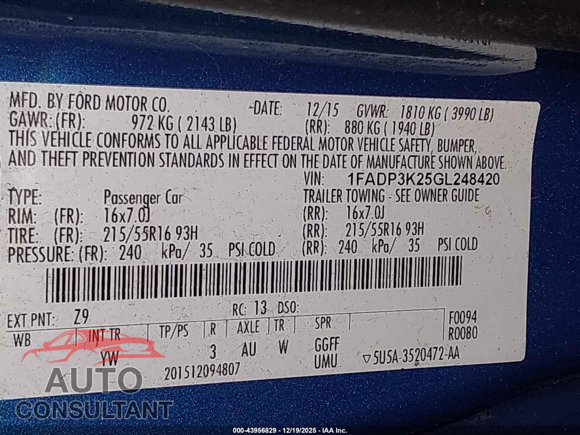 FORD FOCUS 2016 - 1FADP3K25GL248420