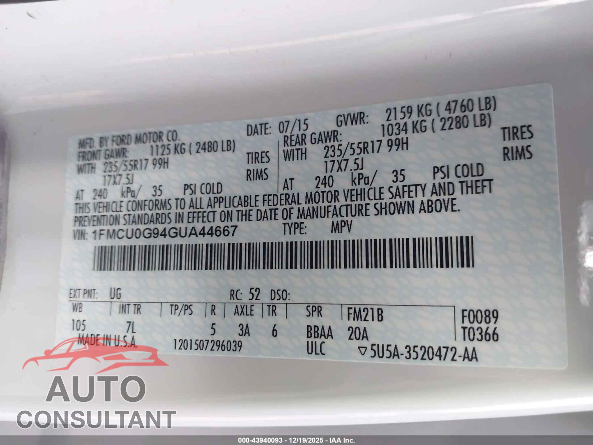 FORD ESCAPE 2016 - 1FMCU0G94GUA44667