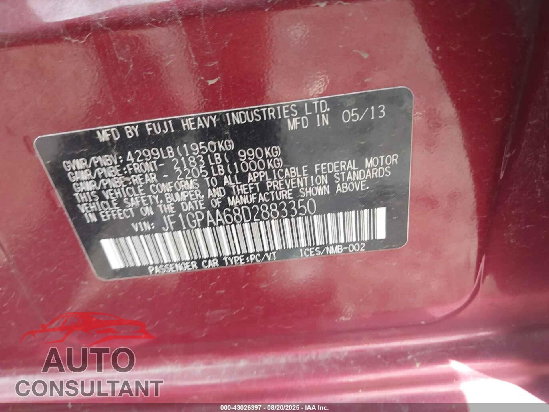 SUBARU IMPREZA 2013 - JF1GPAA68D2883350