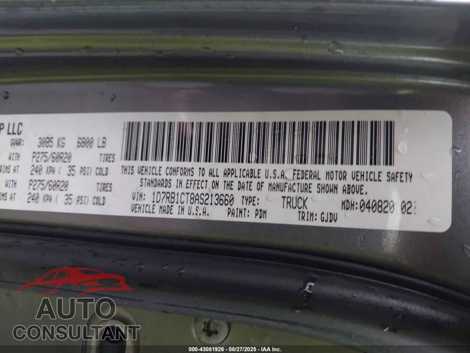 DODGE RAM 1500 2010 - 1D7RB1CT8AS213660
