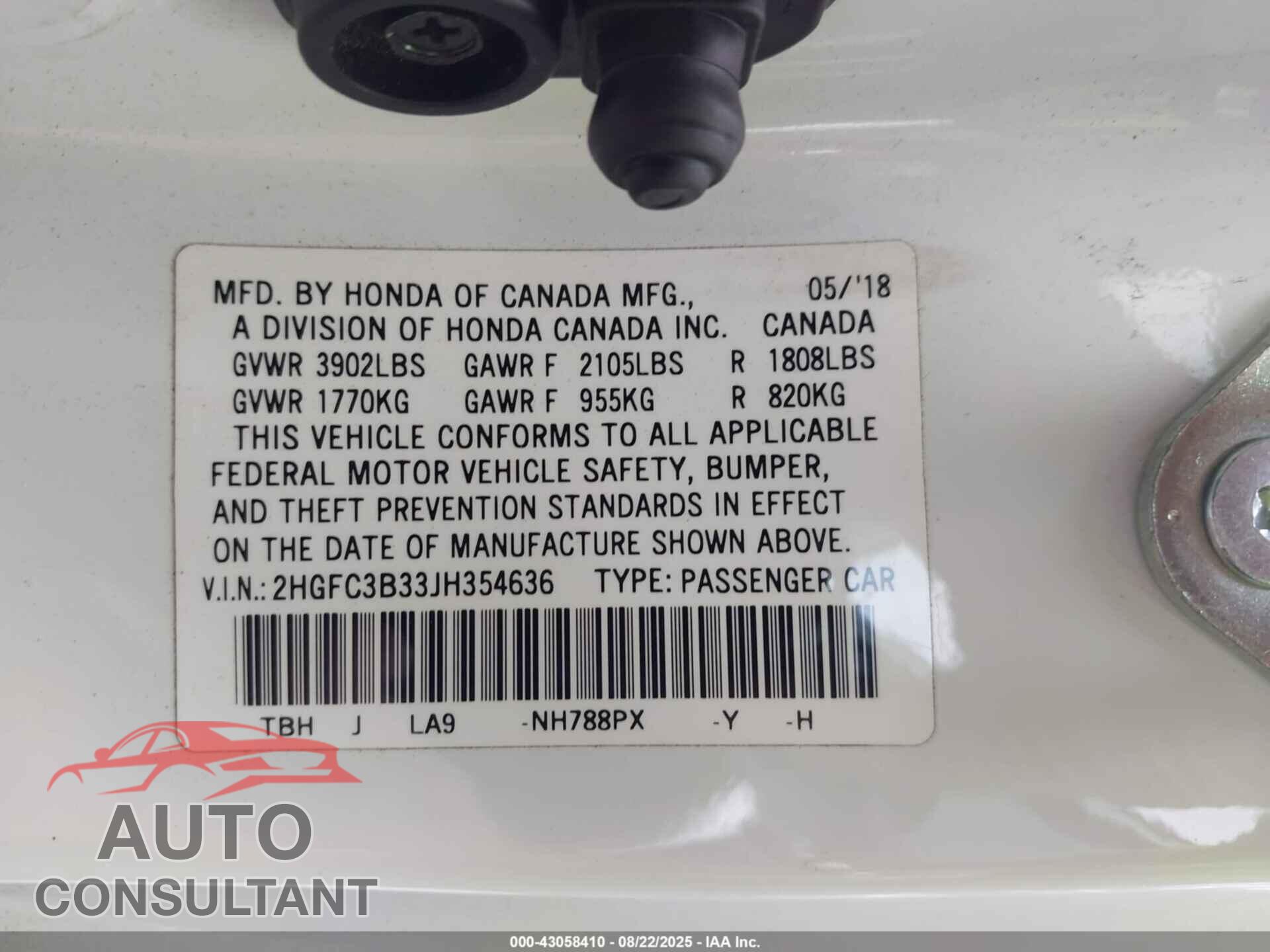 HONDA CIVIC 2018 - 2HGFC3B33JH354636