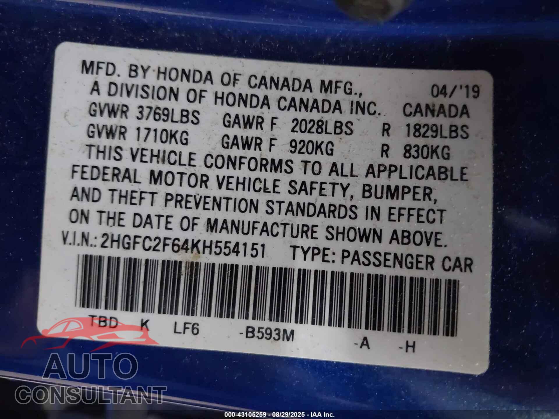 HONDA CIVIC 2019 - 2HGFC2F64KH554151