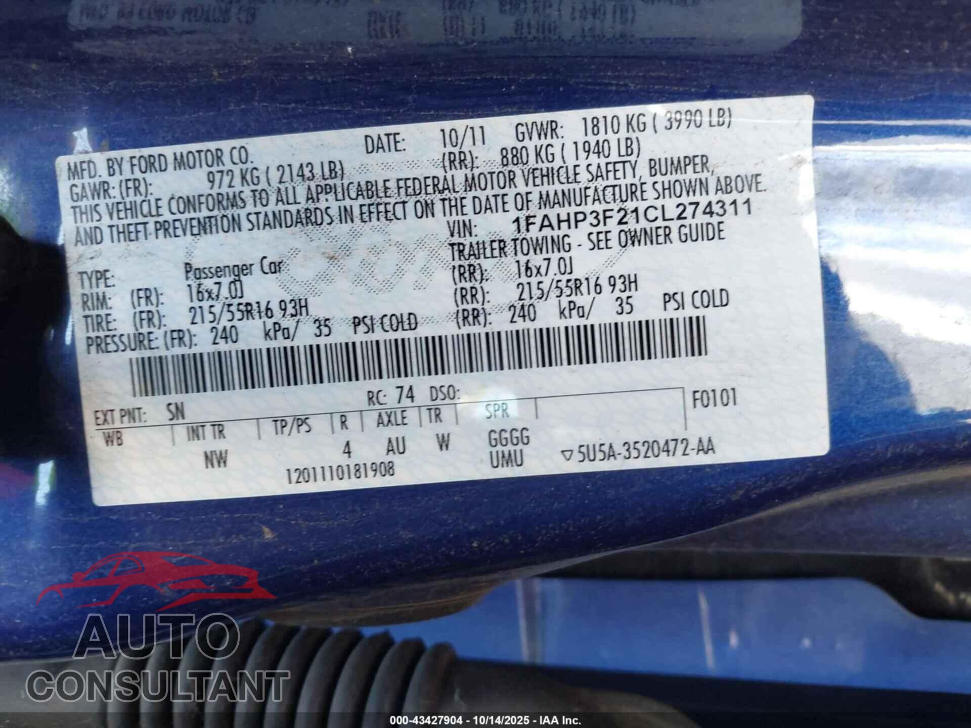 FORD FOCUS 2012 - 1FAHP3F21CL274311