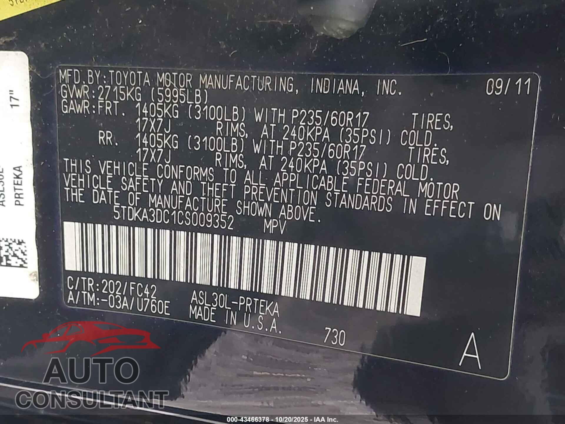 TOYOTA SIENNA 2012 - 5TDKA3DC1CS009352