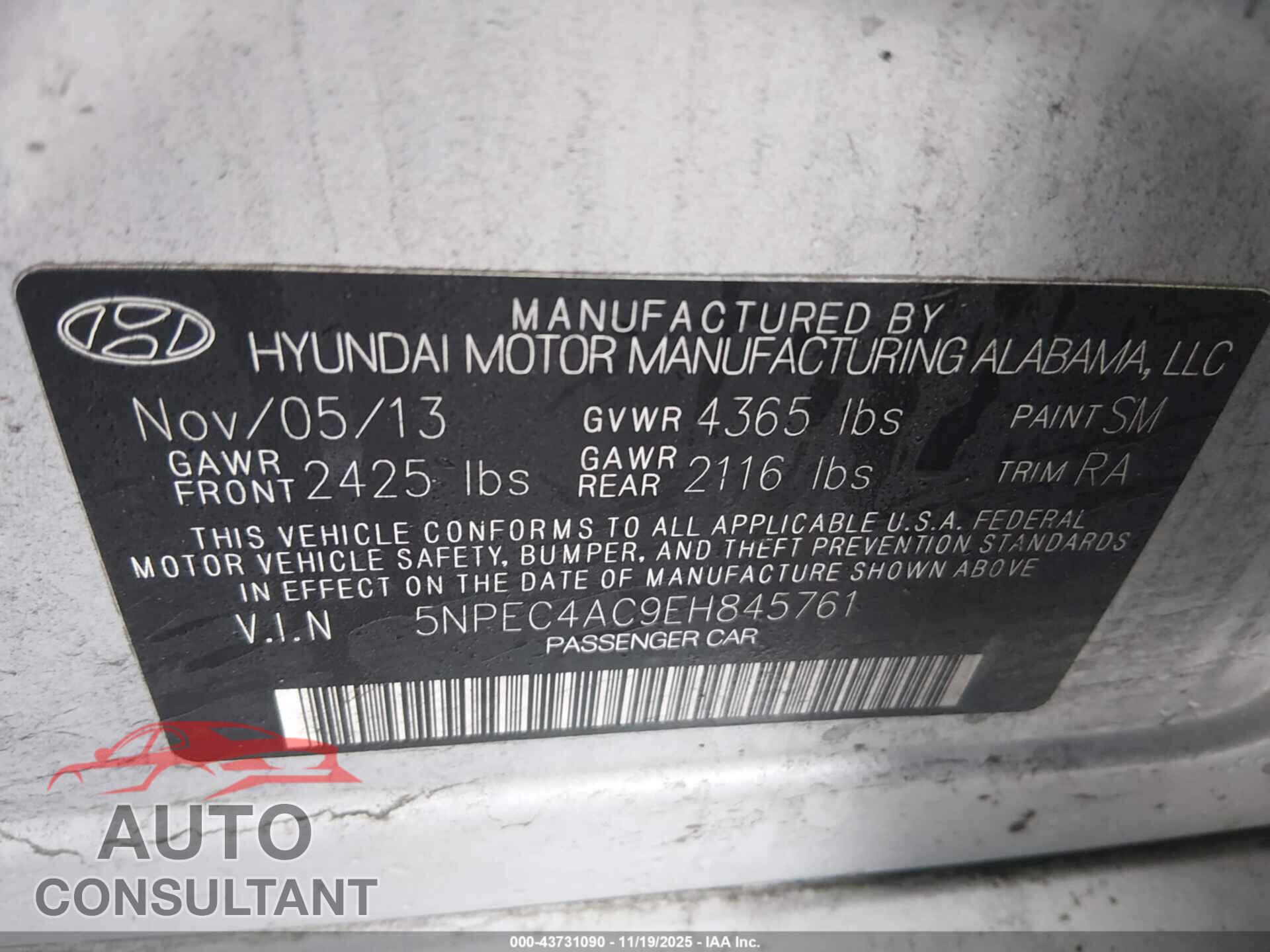 HYUNDAI SONATA 2014 - 5NPEC4AC9EH845761