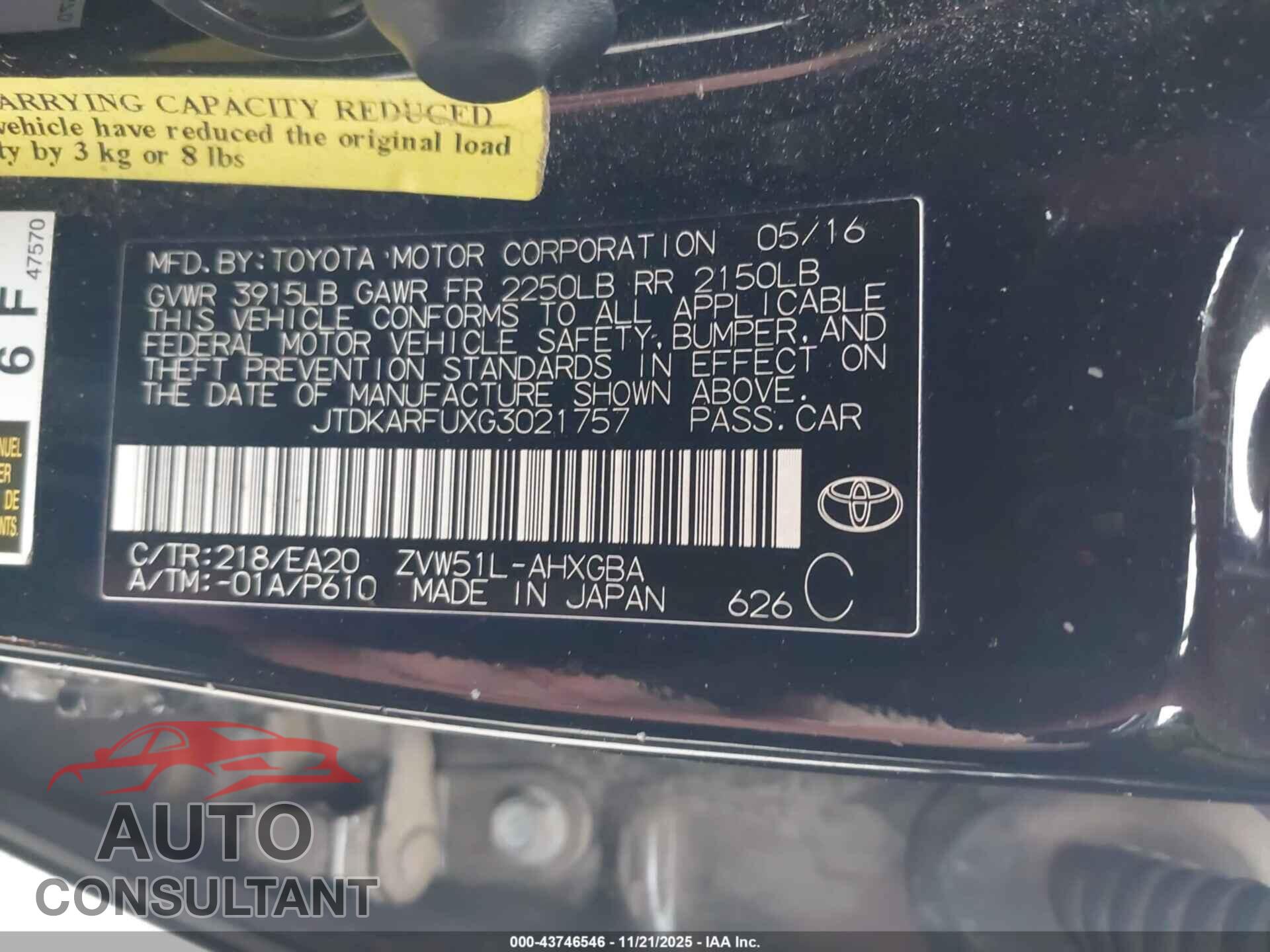 TOYOTA PRIUS 2016 - JTDKARFUXG3021757