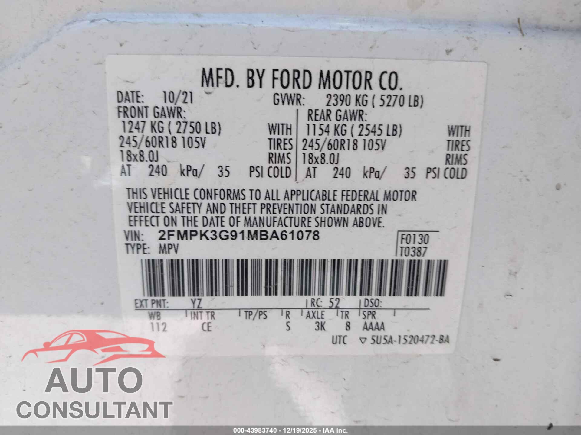 FORD EDGE 2021 - 2FMPK3G91MBA61078