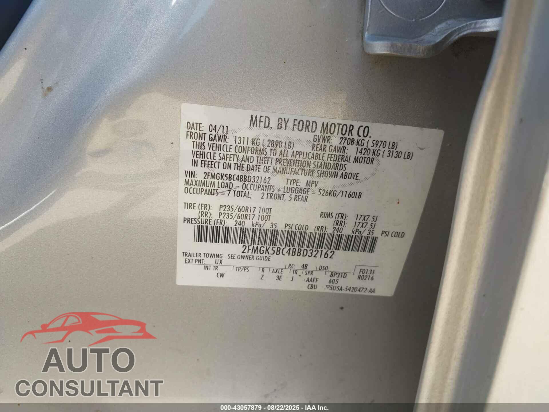 FORD FLEX 2011 - 2FMGK5BC4BBD32162