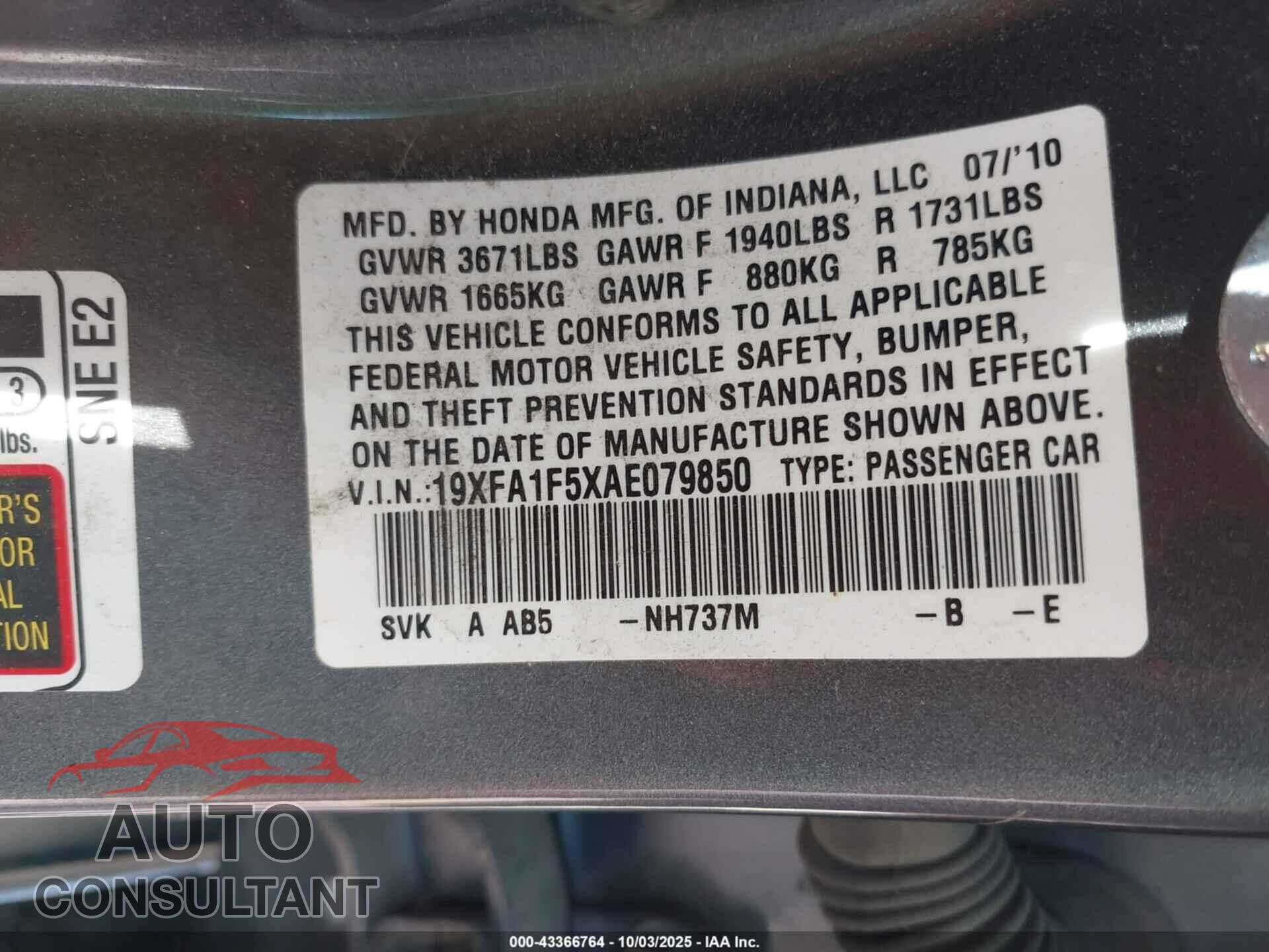 HONDA CIVIC 2010 - 19XFA1F5XAE079850
