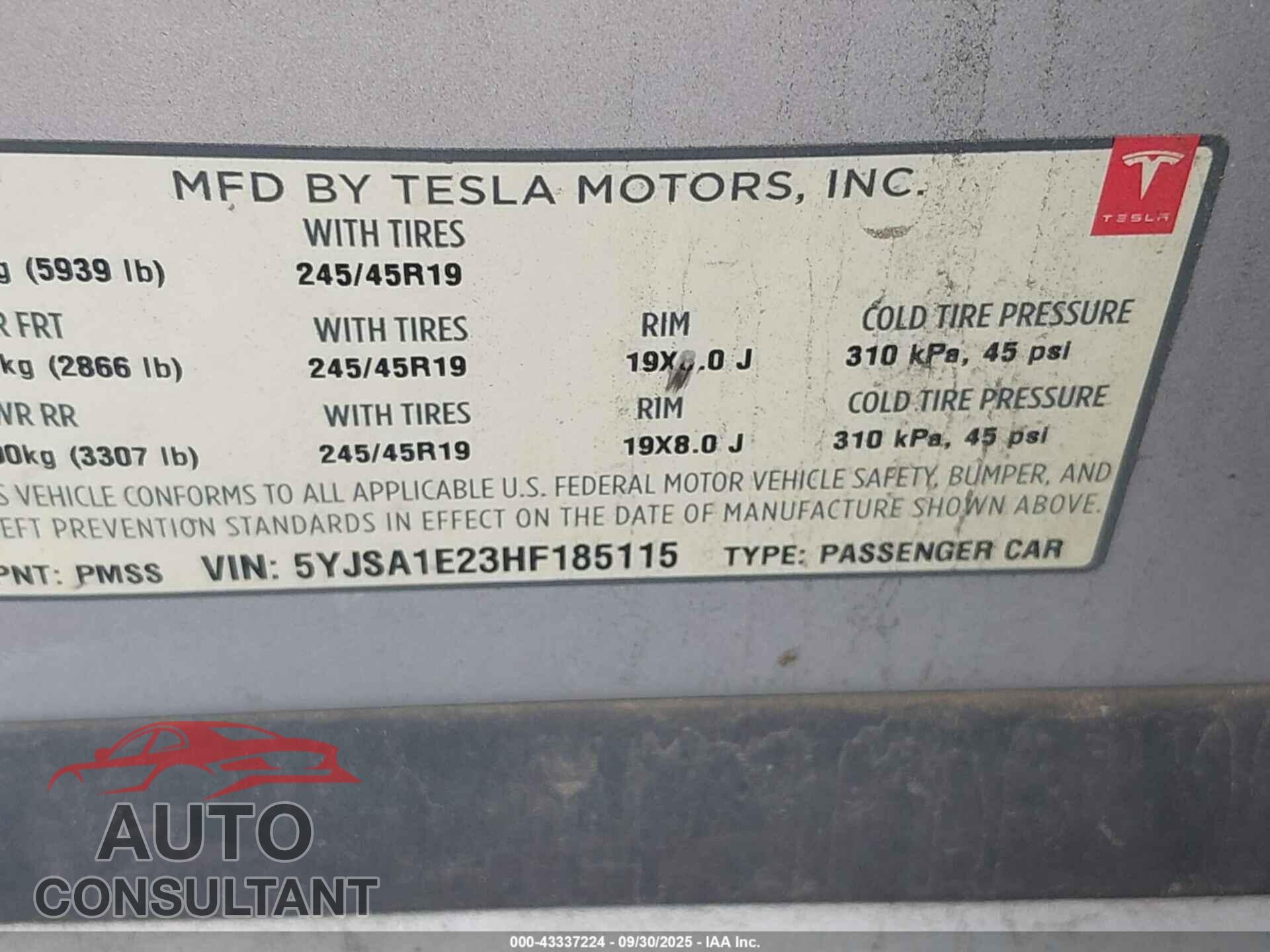 TESLA MODEL S 2017 - 5YJSA1E23HF185115