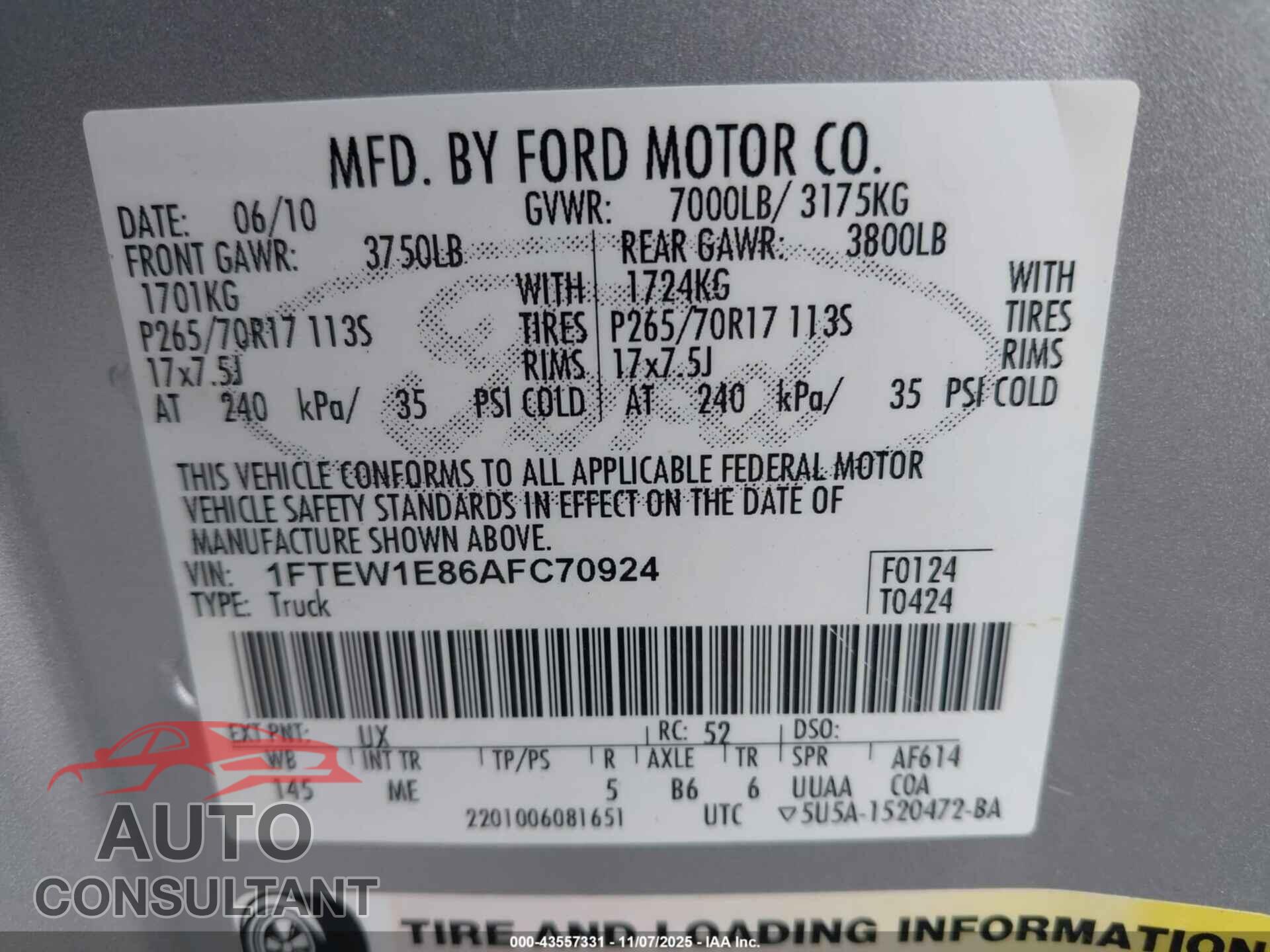 FORD F-150 2010 - 1FTEW1E86AFC70924