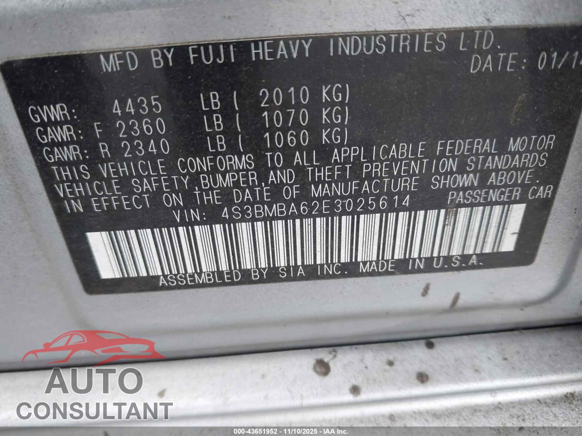 SUBARU LEGACY 2014 - 4S3BMBA62E3025614