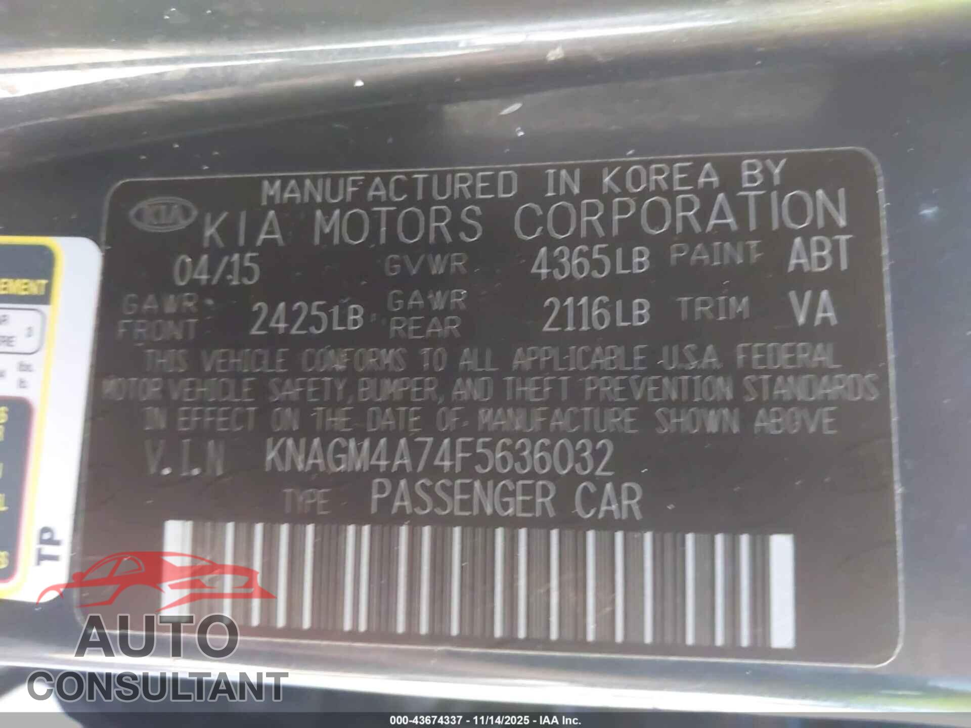 KIA OPTIMA 2015 - KNAGM4A74F5636032
