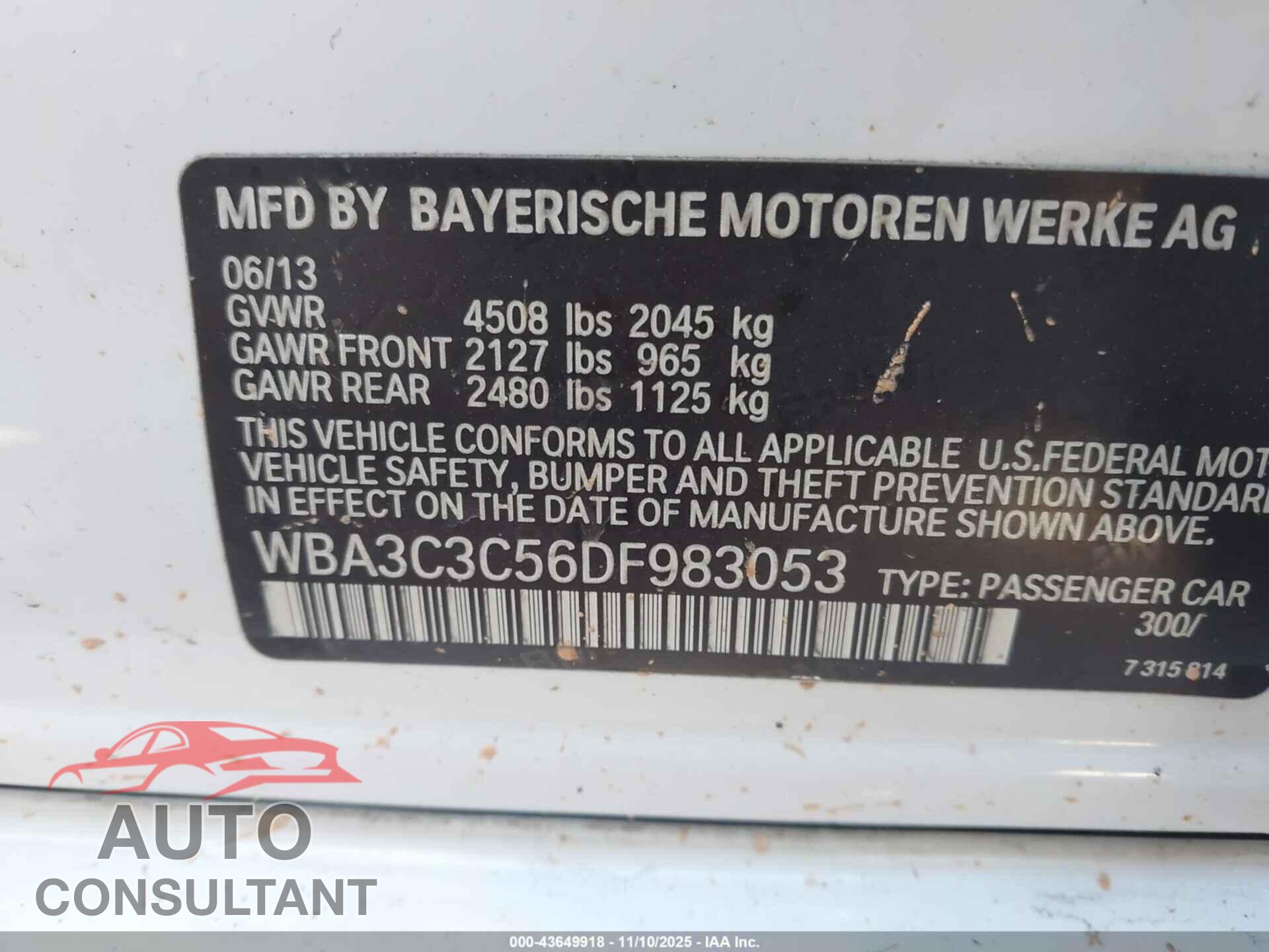 BMW 320I 2013 - WBA3C3C56DF983053