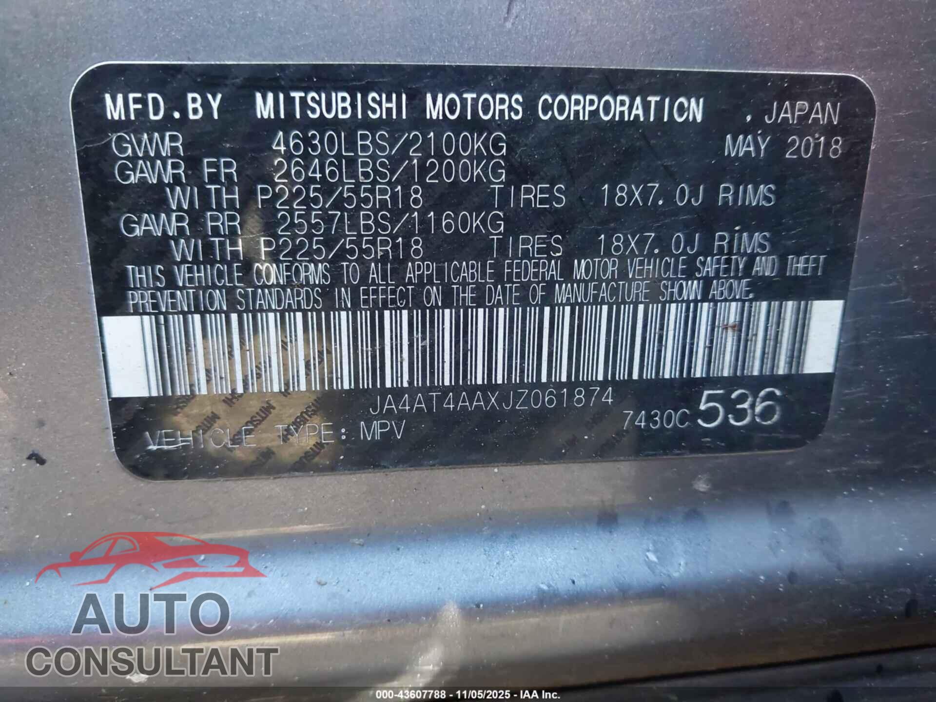 MITSUBISHI ECLIPSE CROSS 2018 - JA4AT4AAXJZ061874
