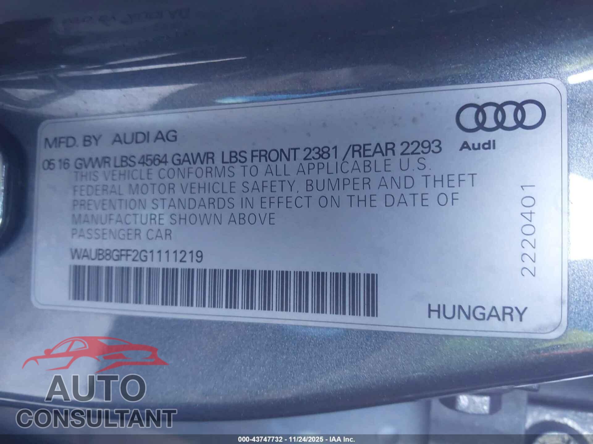 AUDI A3 2016 - WAUB8GFF2G1111219