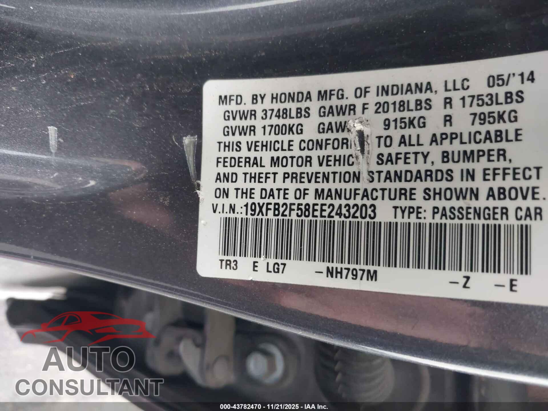 HONDA CIVIC 2014 - 19XFB2F58EE243203