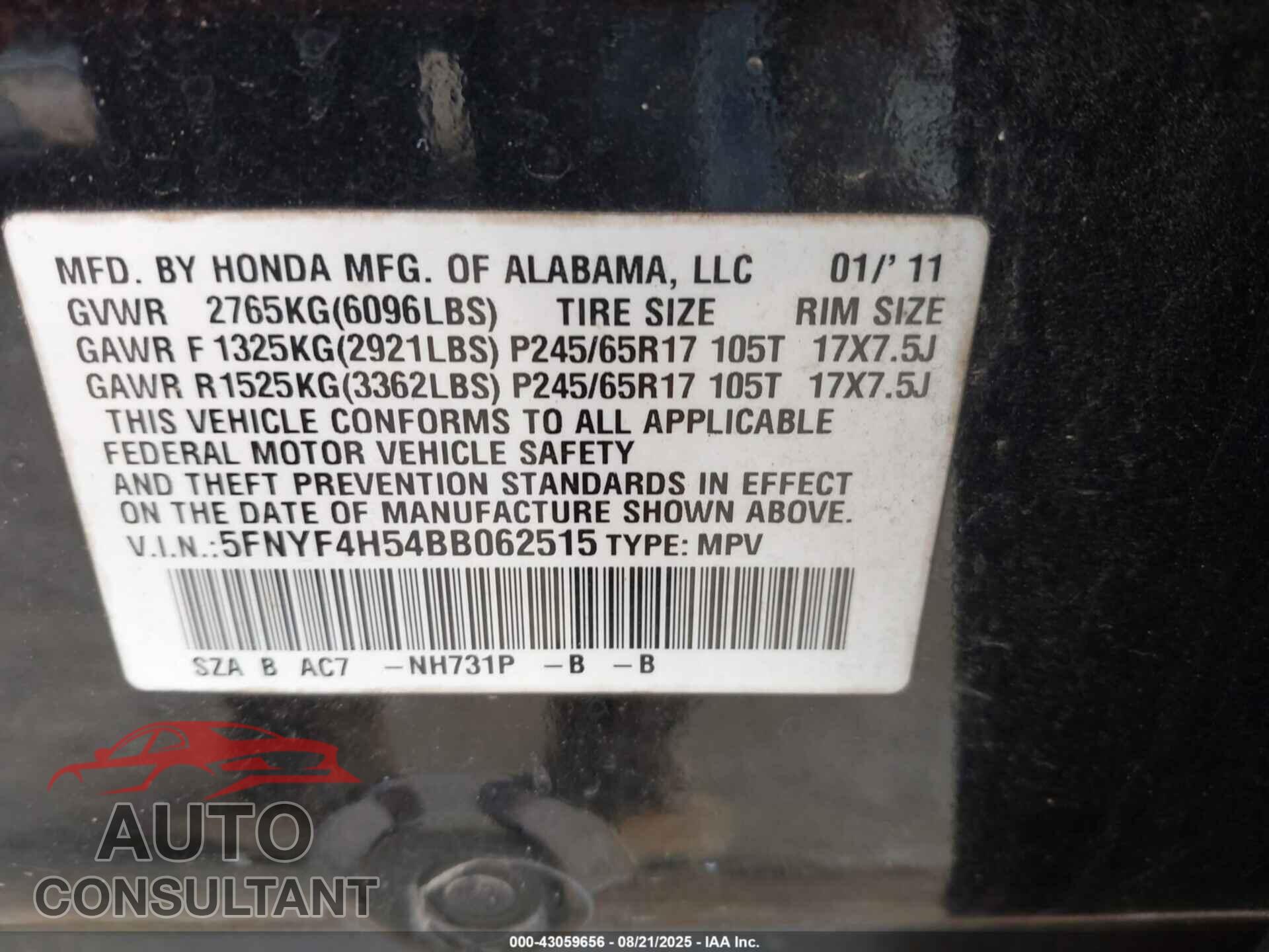 HONDA PILOT 2011 - 5FNYF4H54BB062515