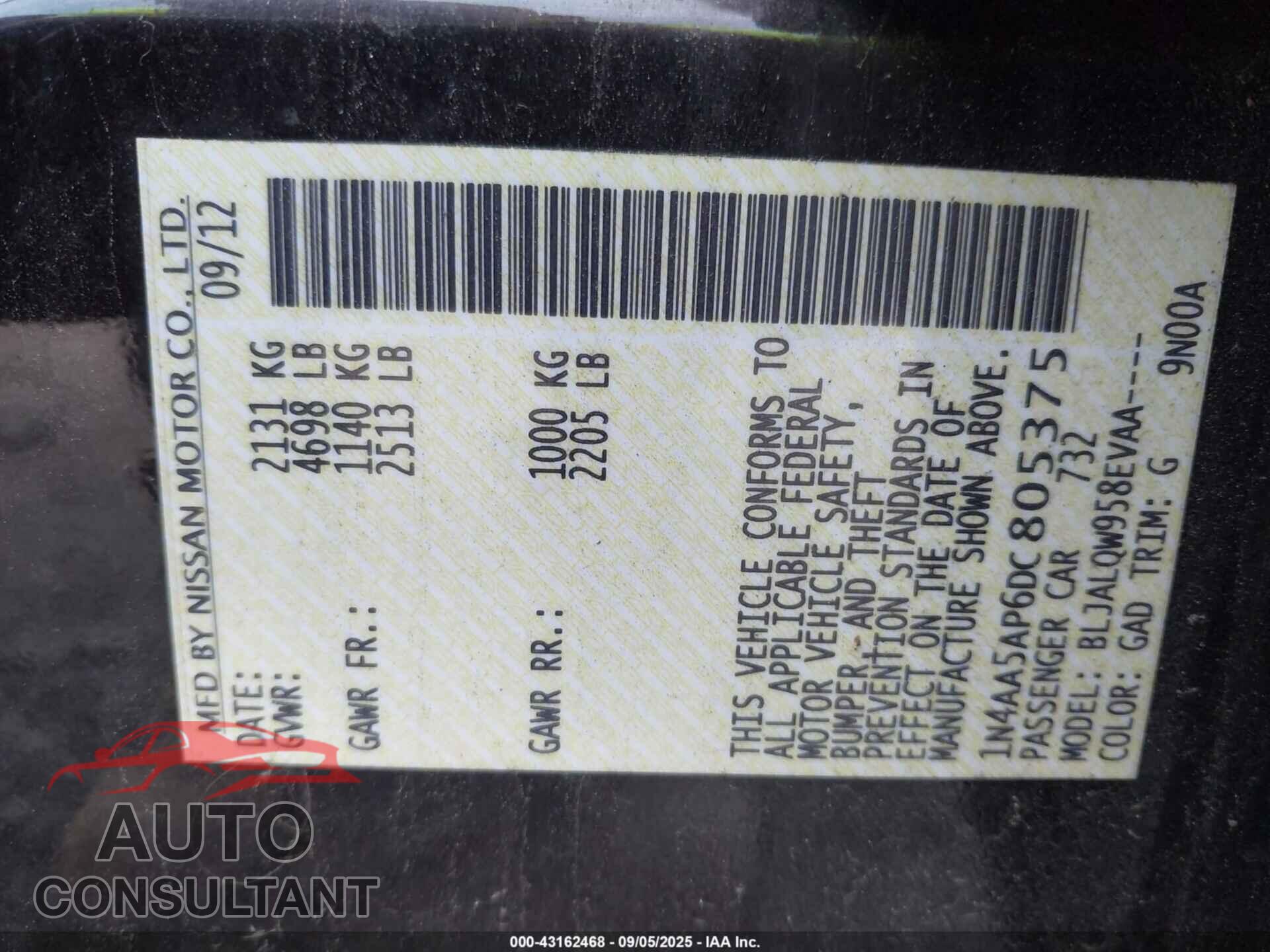 NISSAN MAXIMA 2013 - 1N4AA5AP6DC805375