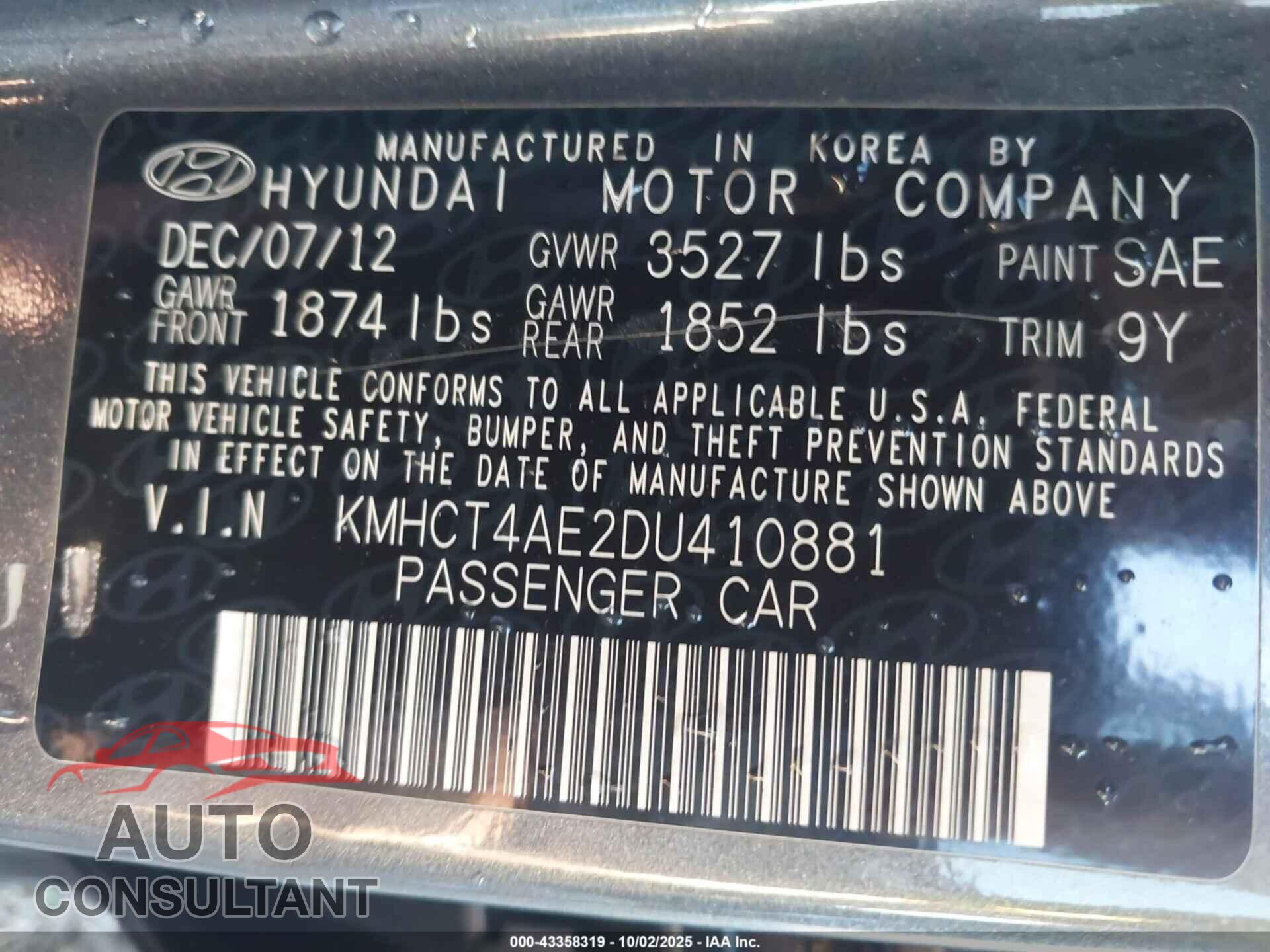 HYUNDAI ACCENT 2013 - KMHCT4AE2DU410881