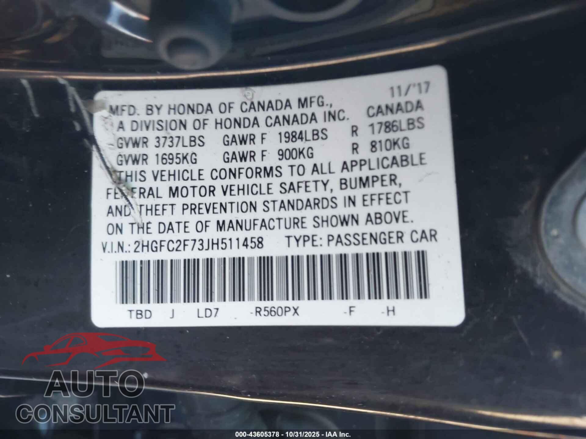 HONDA CIVIC 2018 - 2HGFC2F73JH511458