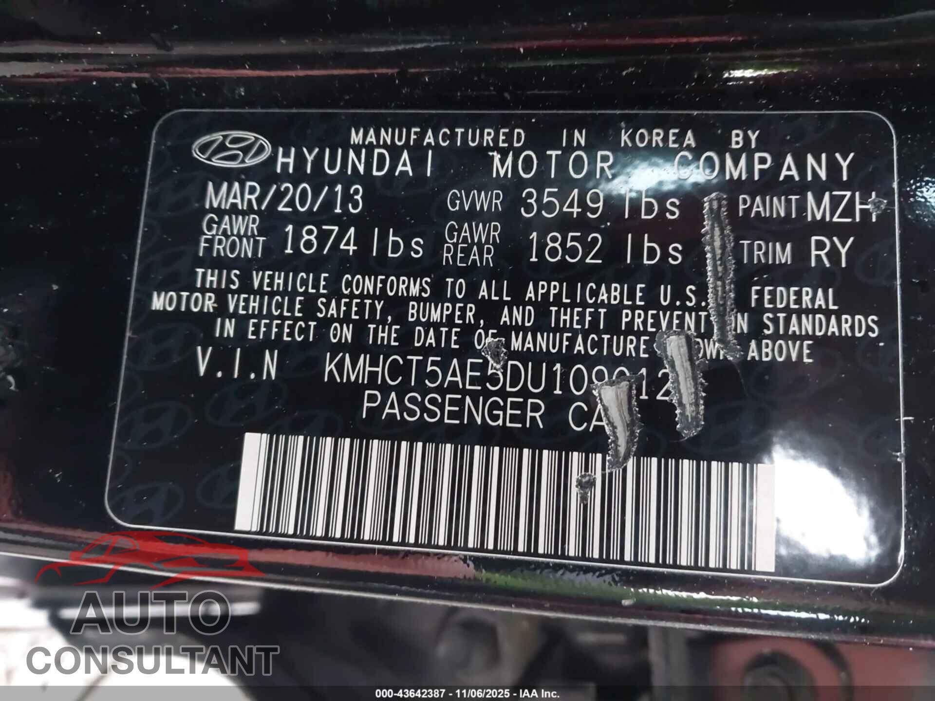 HYUNDAI ACCENT 2013 - KMHCT5AE5DU109012