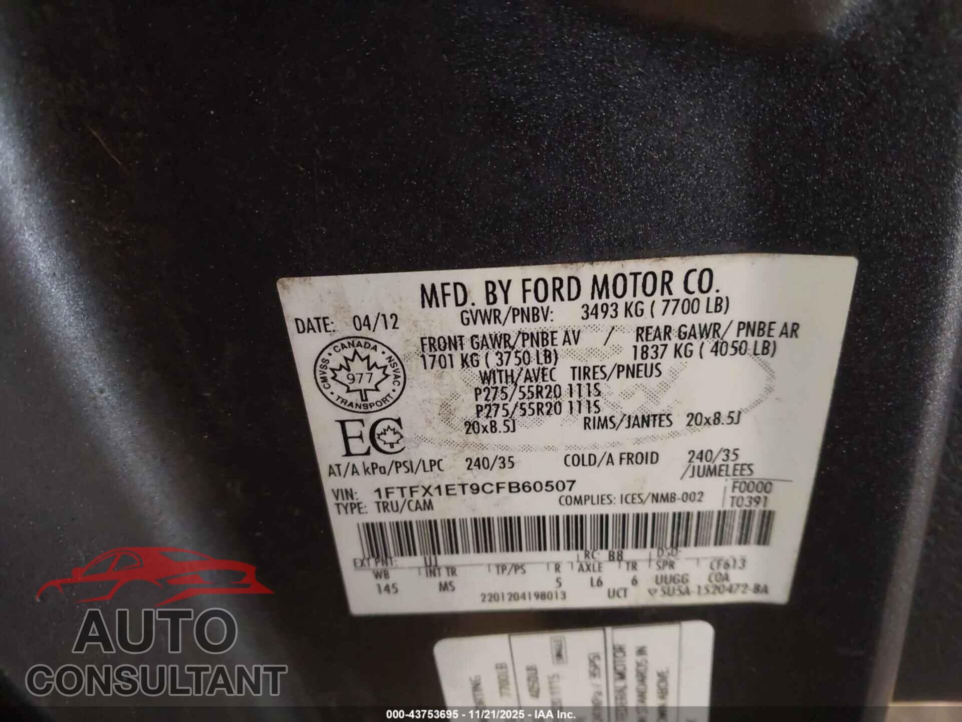 FORD F-150 2012 - 1FTFX1ET9CFB60507