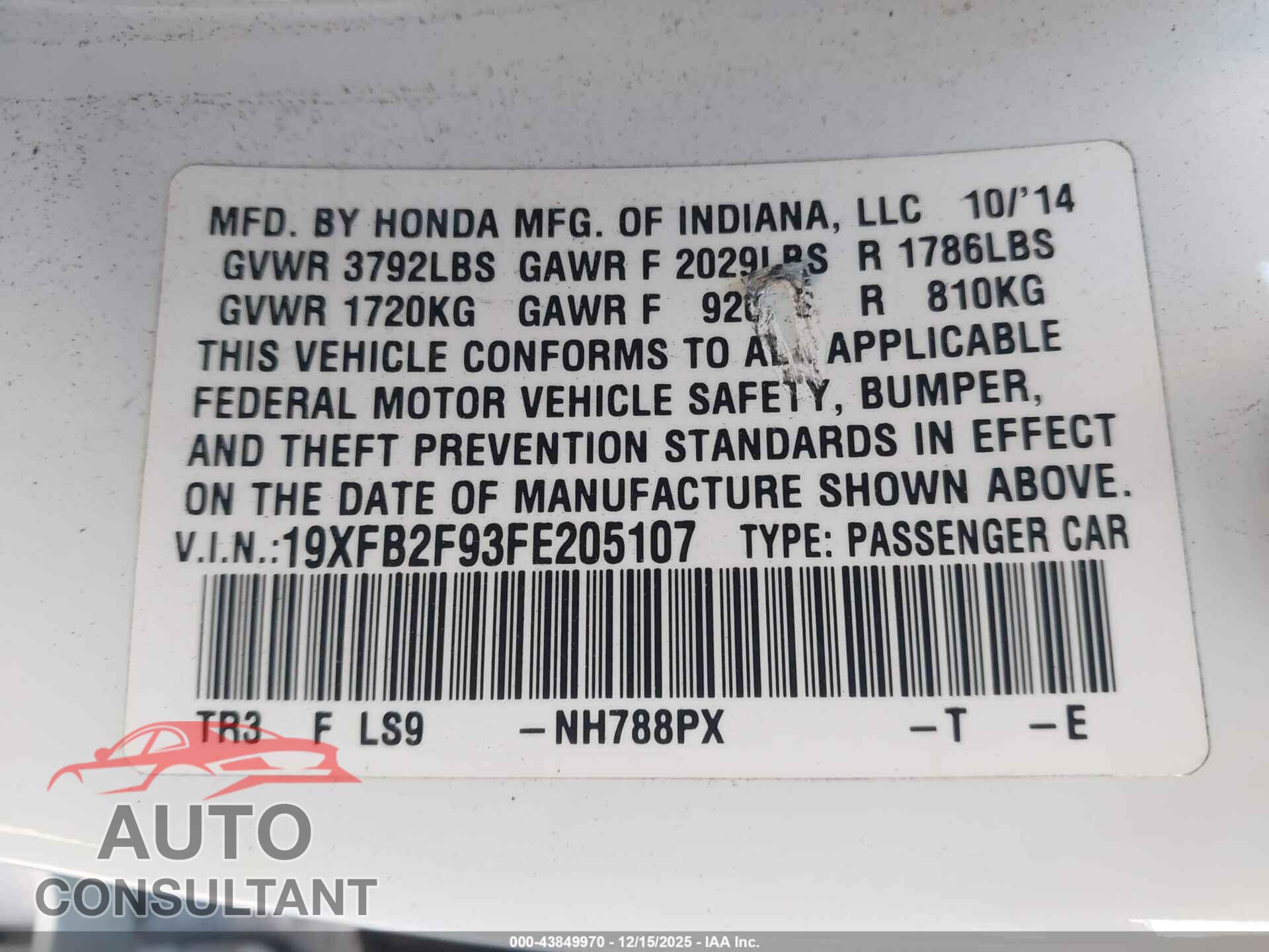 HONDA CIVIC 2015 - 19XFB2F93FE205107