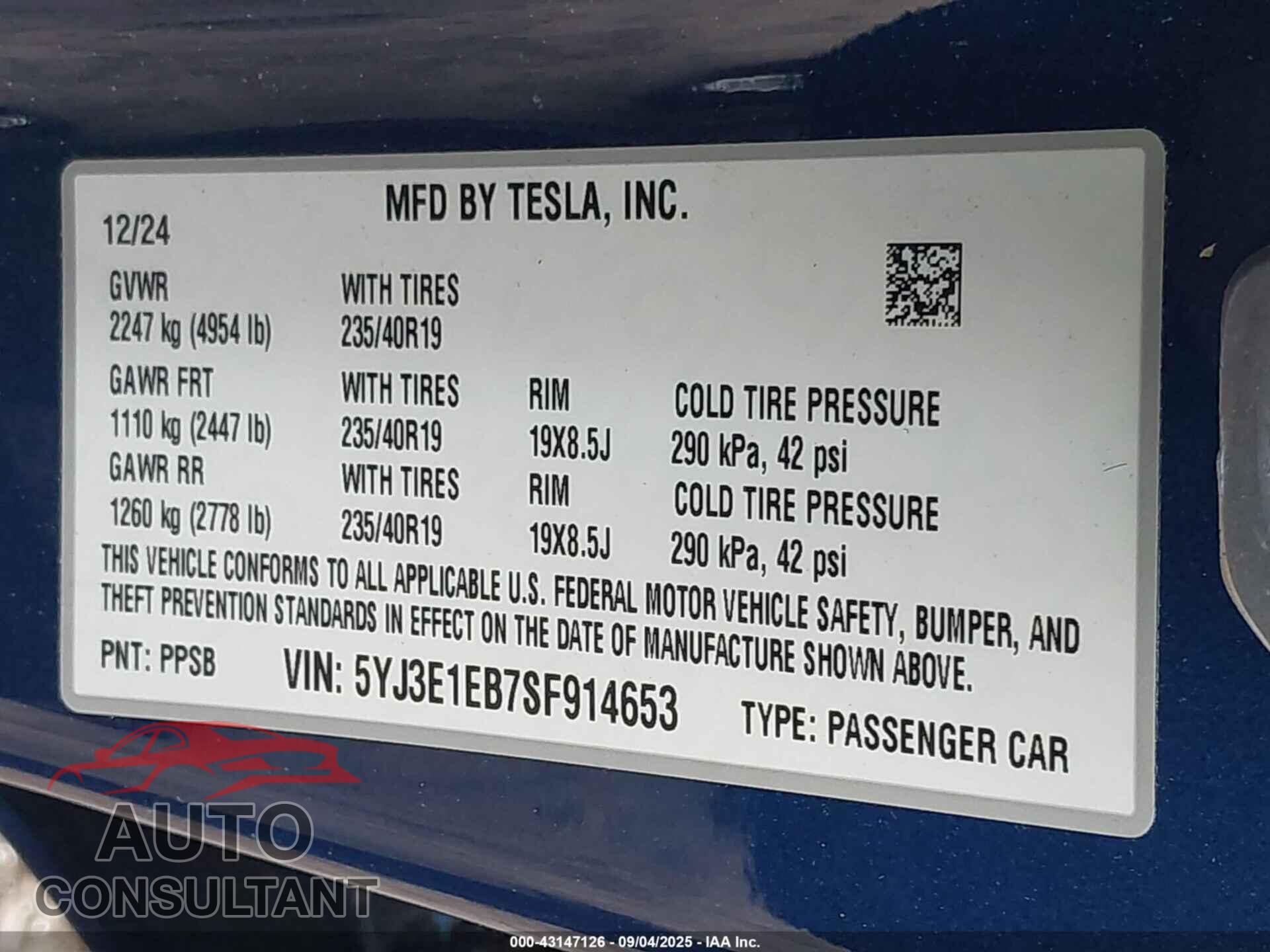 TESLA MODEL 3 2025 - 5YJ3E1EB7SF914653