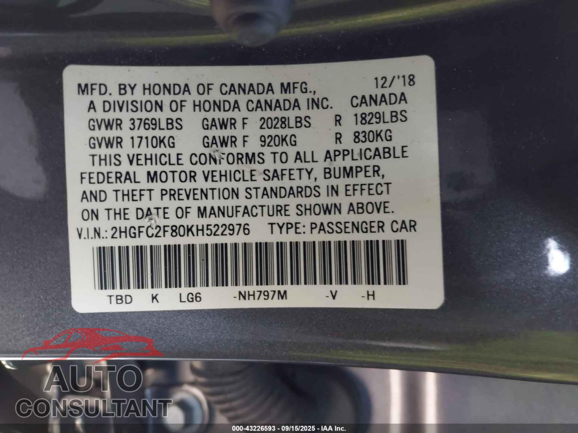 HONDA CIVIC 2019 - 2HGFC2F80KH522976