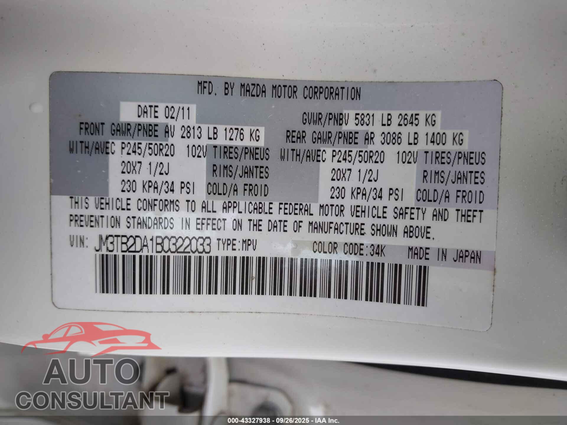 MAZDA CX-9 2011 - JM3TB2DA1B0322033