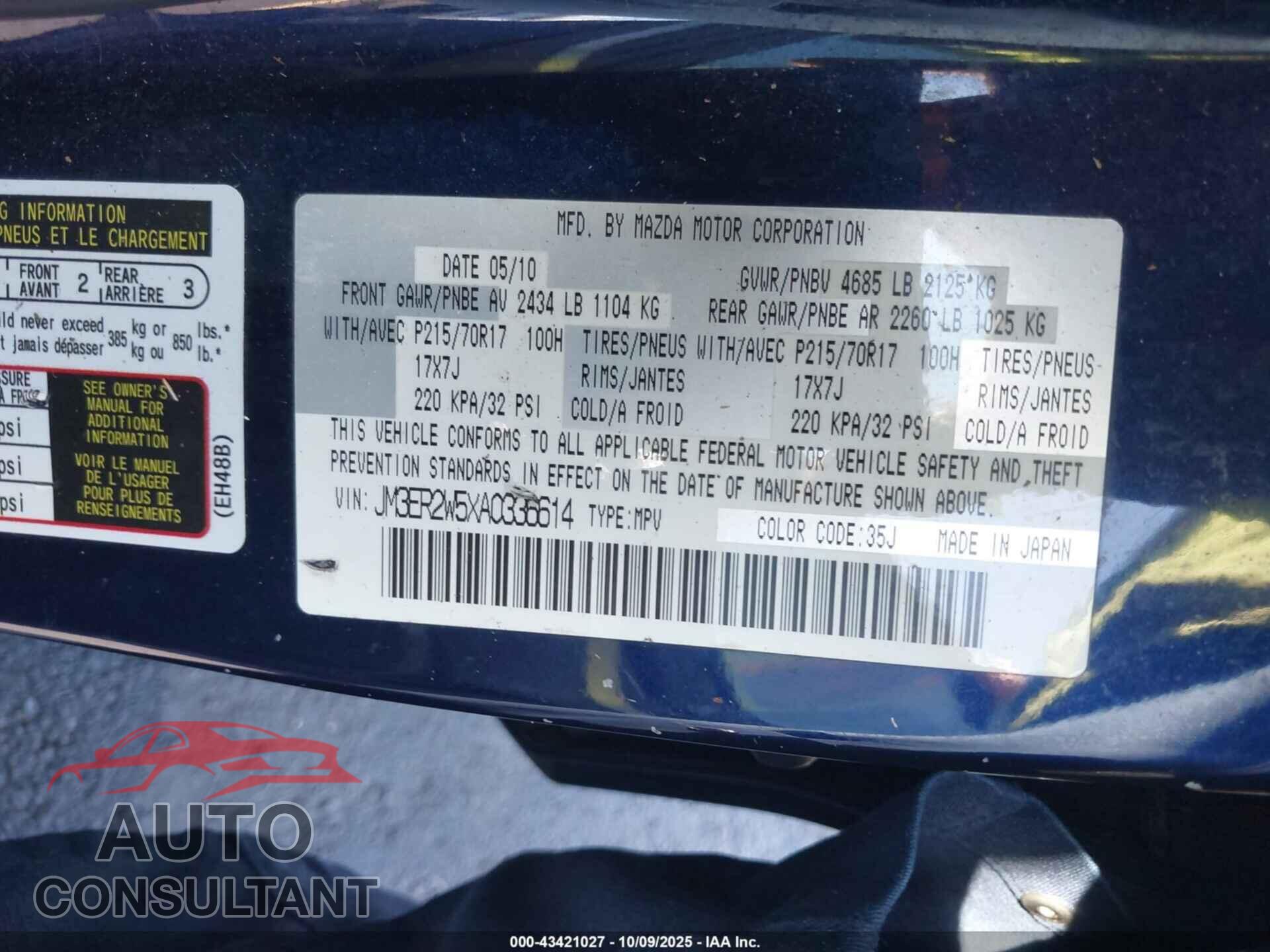 MAZDA CX-7 2010 - JM3ER2W5XA0336614