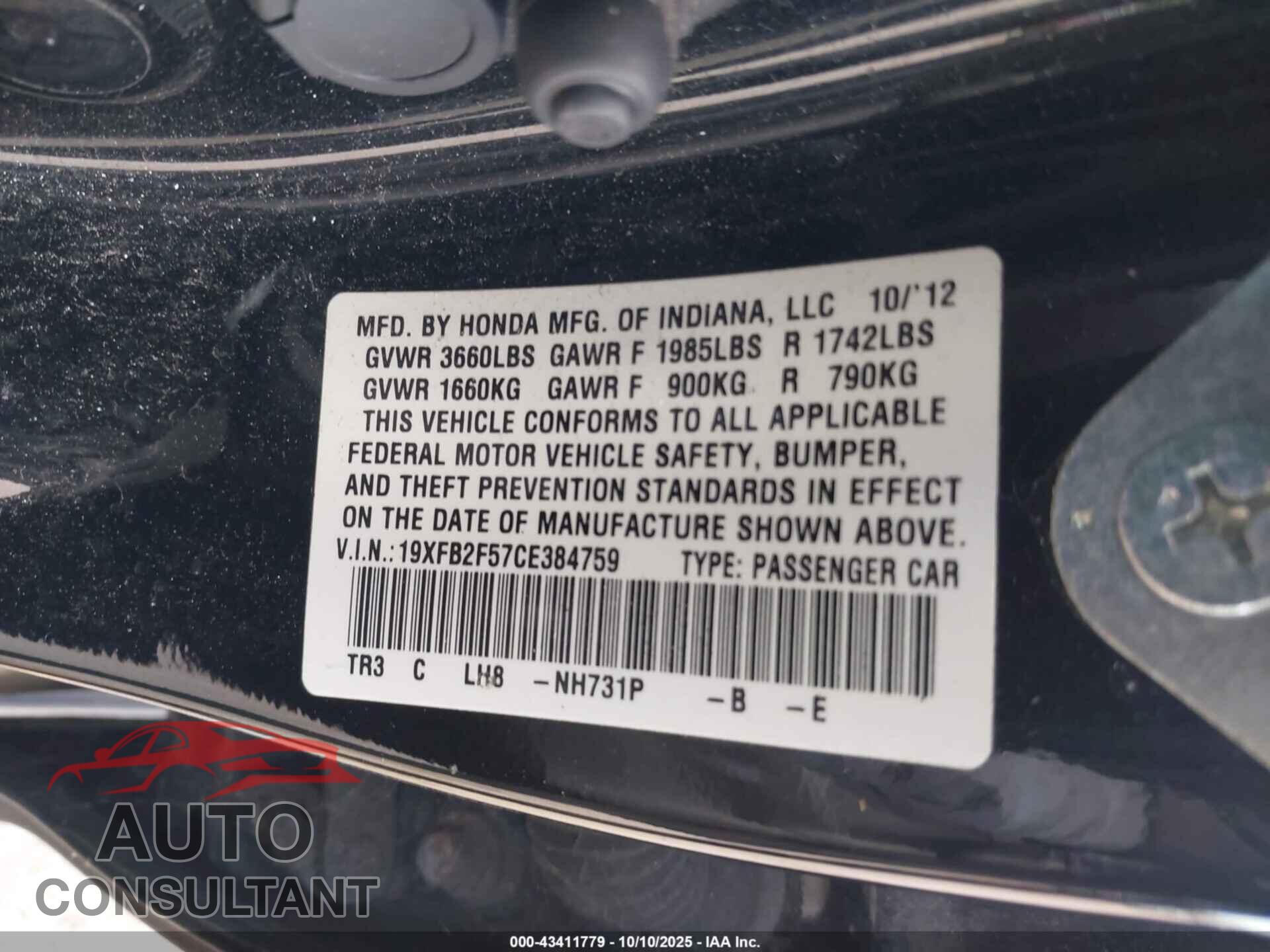 HONDA CIVIC 2012 - 19XFB2F57CE384759