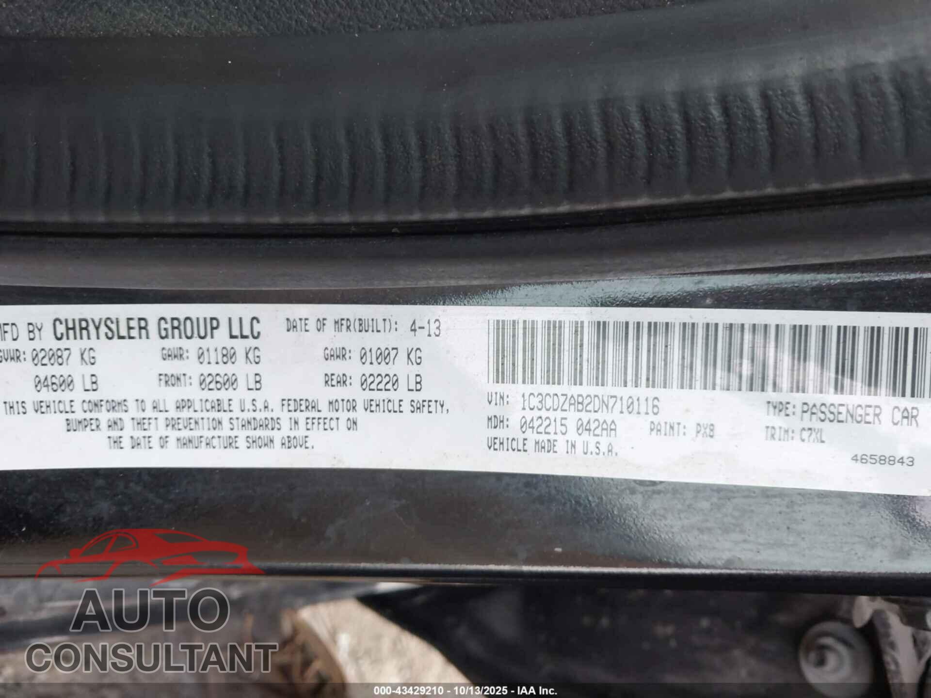 DODGE AVENGER 2013 - 1C3CDZAB2DN710116